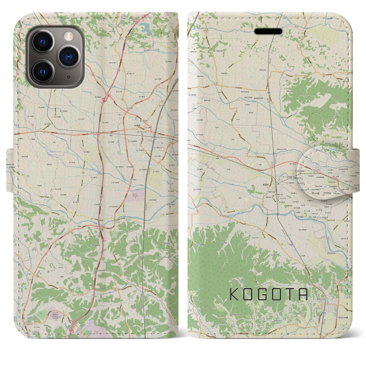 【小牛田】地図柄iPhoneケース（手帳両面タイプ・ナチュラル）iPhone 11 Pro Max 用