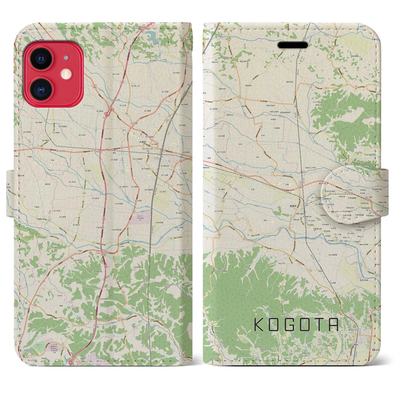 【小牛田】地図柄iPhoneケース（手帳両面タイプ・ナチュラル）iPhone 11 用