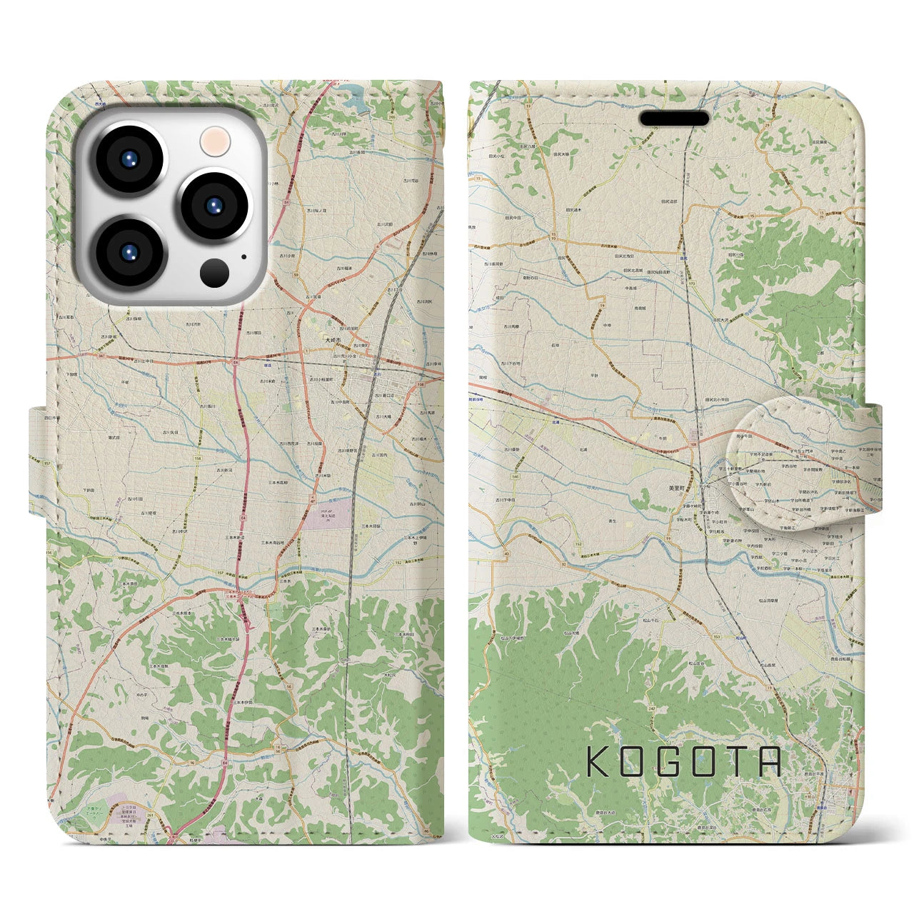 【小牛田】地図柄iPhoneケース（手帳両面タイプ・ナチュラル）iPhone 13 Pro 用