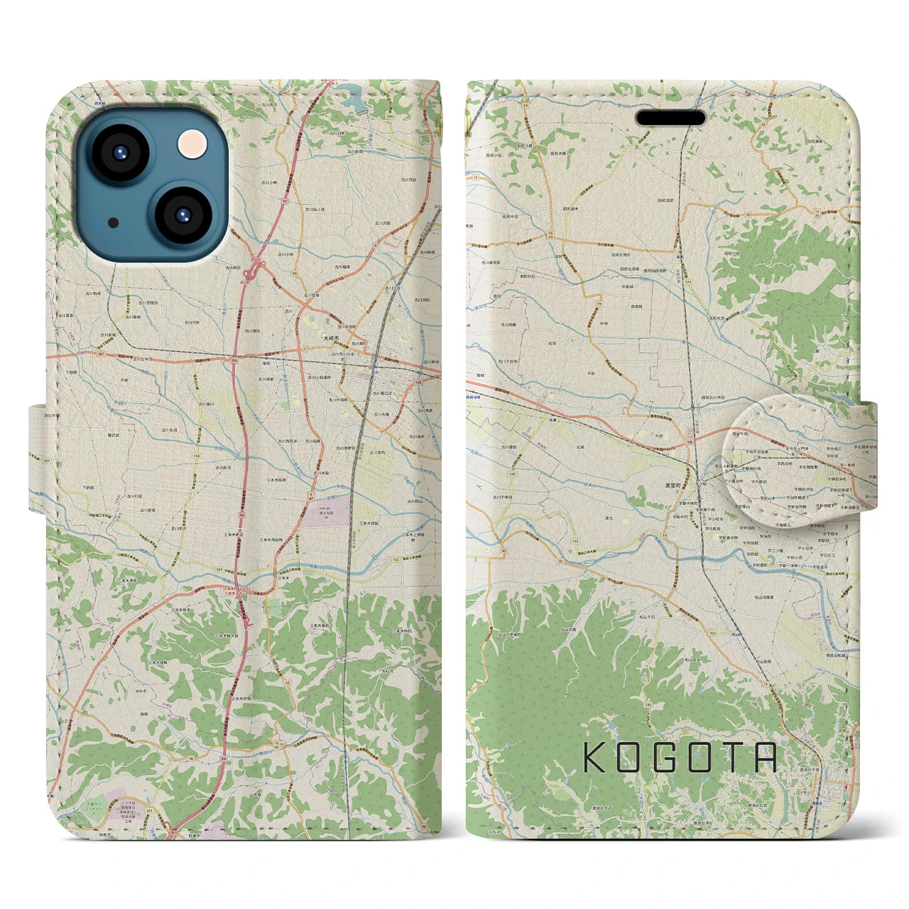 【小牛田】地図柄iPhoneケース（手帳両面タイプ・ナチュラル）iPhone 13 用