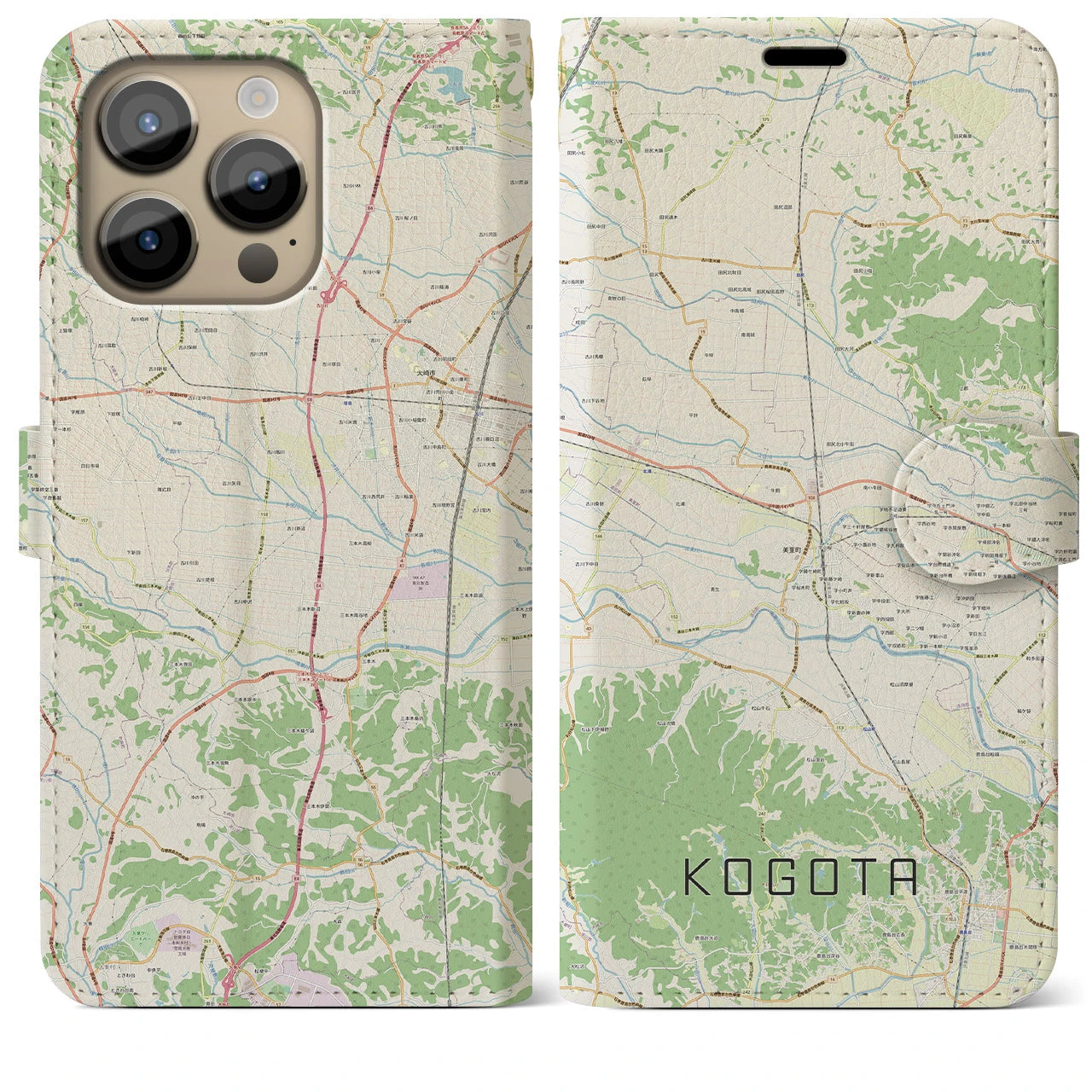 【小牛田】地図柄iPhoneケース（手帳両面タイプ・ナチュラル）iPhone 14 Pro Max 用
