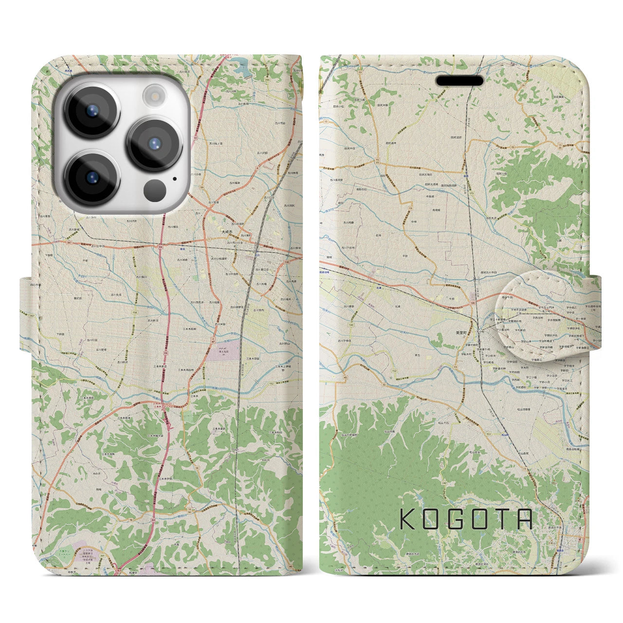 【小牛田】地図柄iPhoneケース（手帳両面タイプ・ナチュラル）iPhone 14 Pro 用