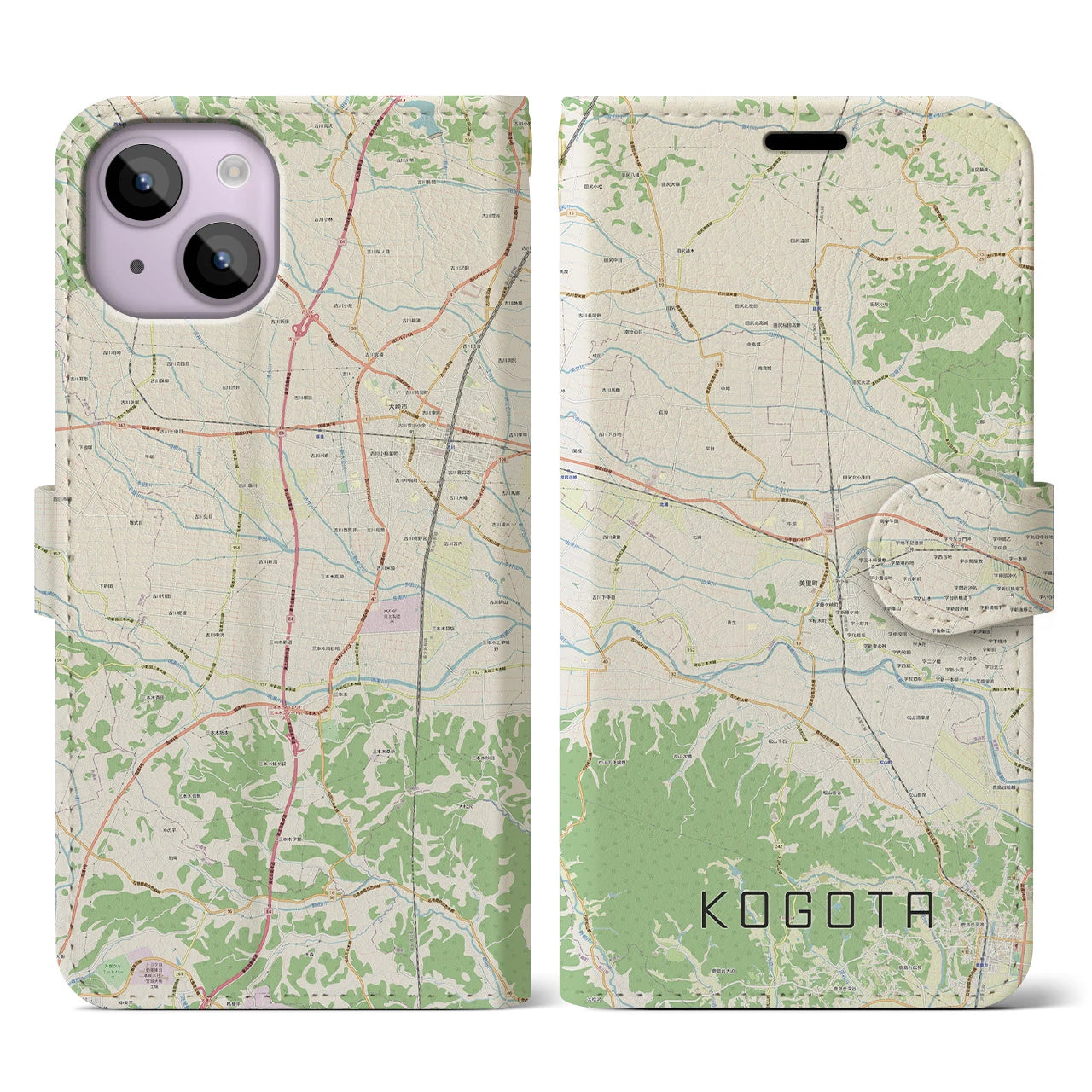 【小牛田】地図柄iPhoneケース（手帳両面タイプ・ナチュラル）iPhone 14 用