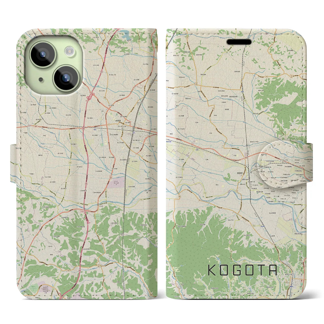 【小牛田】地図柄iPhoneケース（手帳両面タイプ・ナチュラル）iPhone 15 用