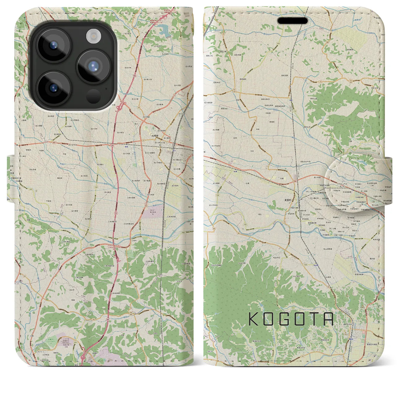 【小牛田】地図柄iPhoneケース（手帳両面タイプ・ナチュラル）iPhone 15 Pro Max 用