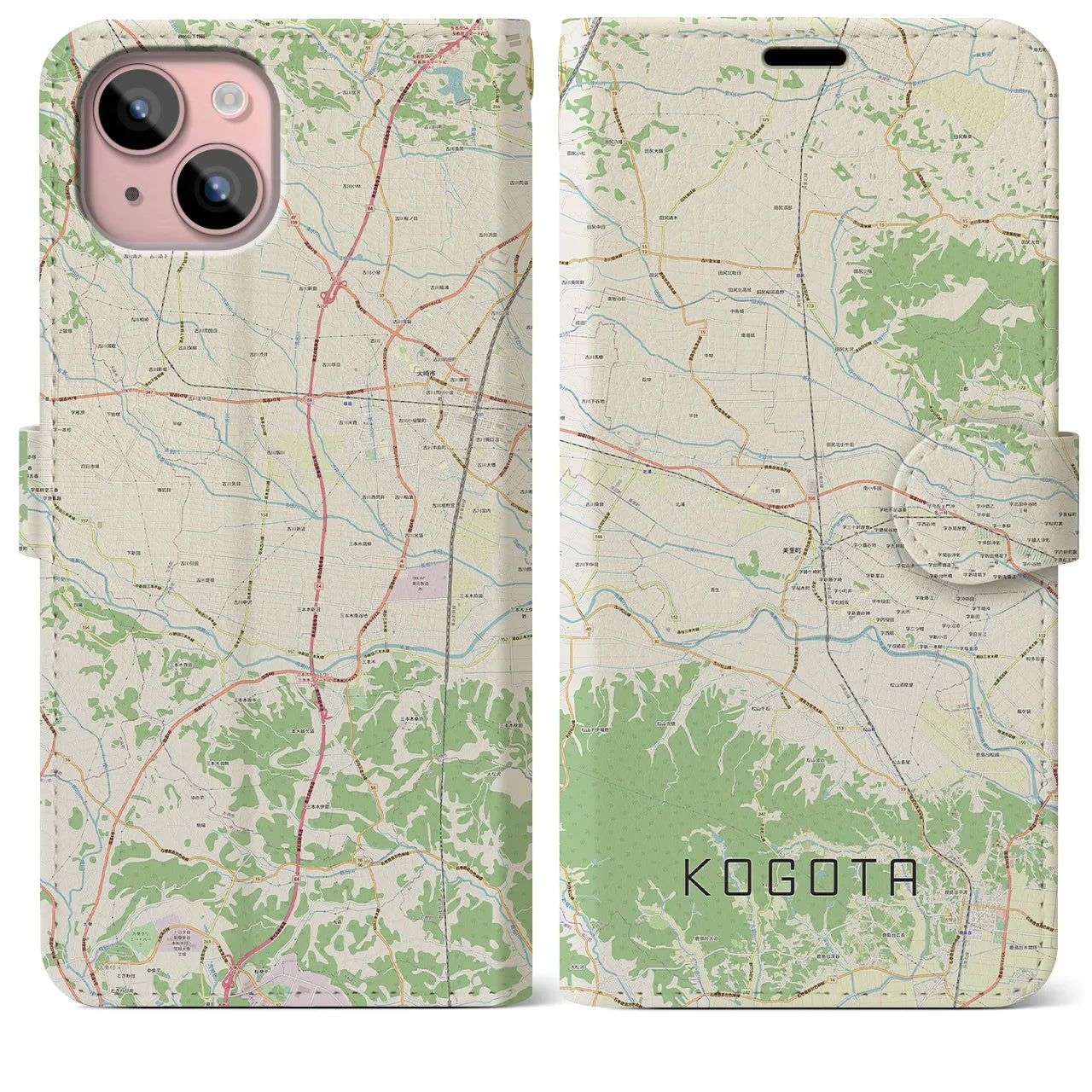 【小牛田】地図柄iPhoneケース（手帳両面タイプ・ナチュラル）iPhone 15 Plus 用