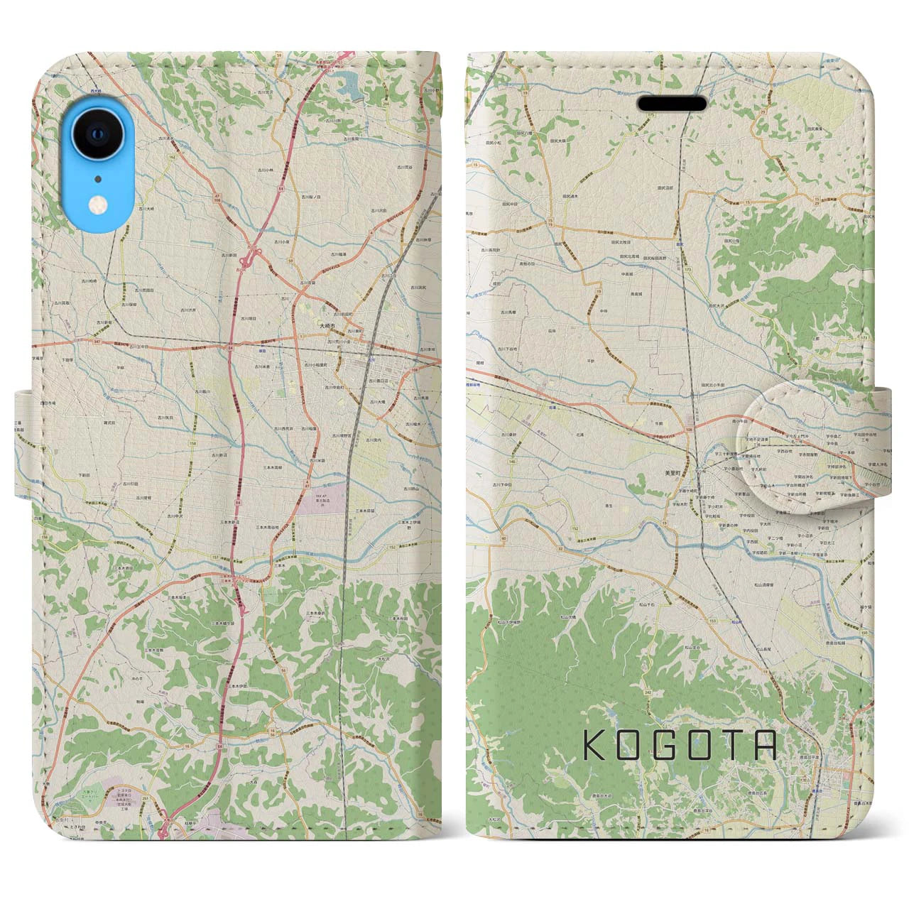 【小牛田】地図柄iPhoneケース（手帳両面タイプ・ナチュラル）iPhone XR 用