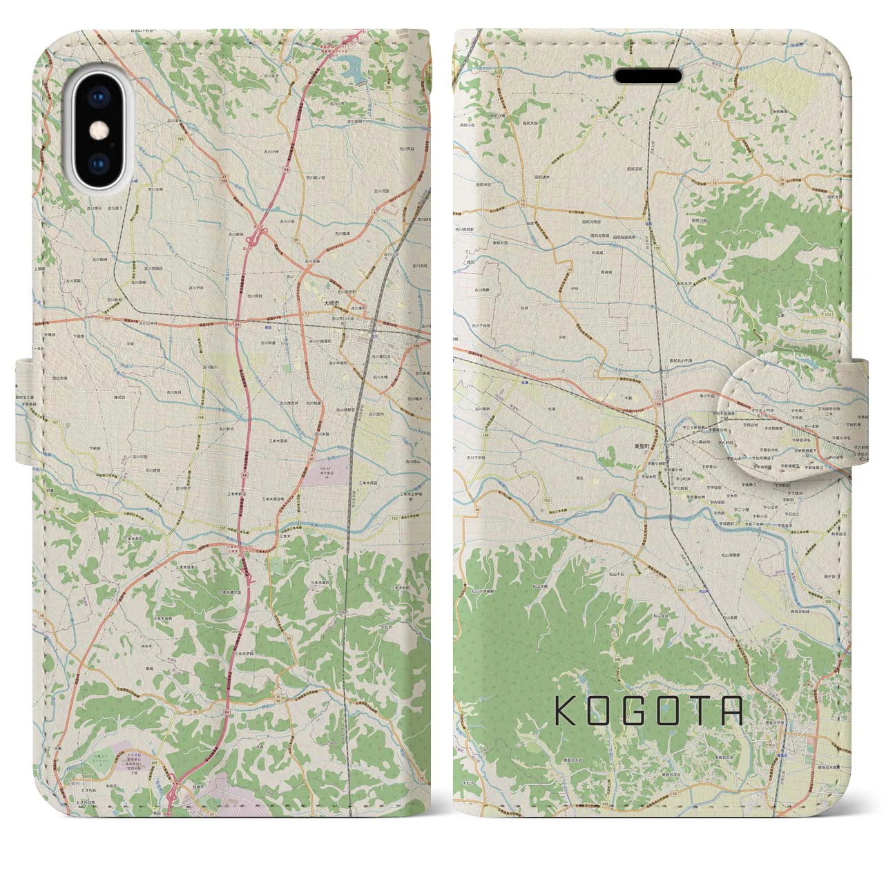 【小牛田】地図柄iPhoneケース（手帳両面タイプ・ナチュラル）iPhone XS Max 用