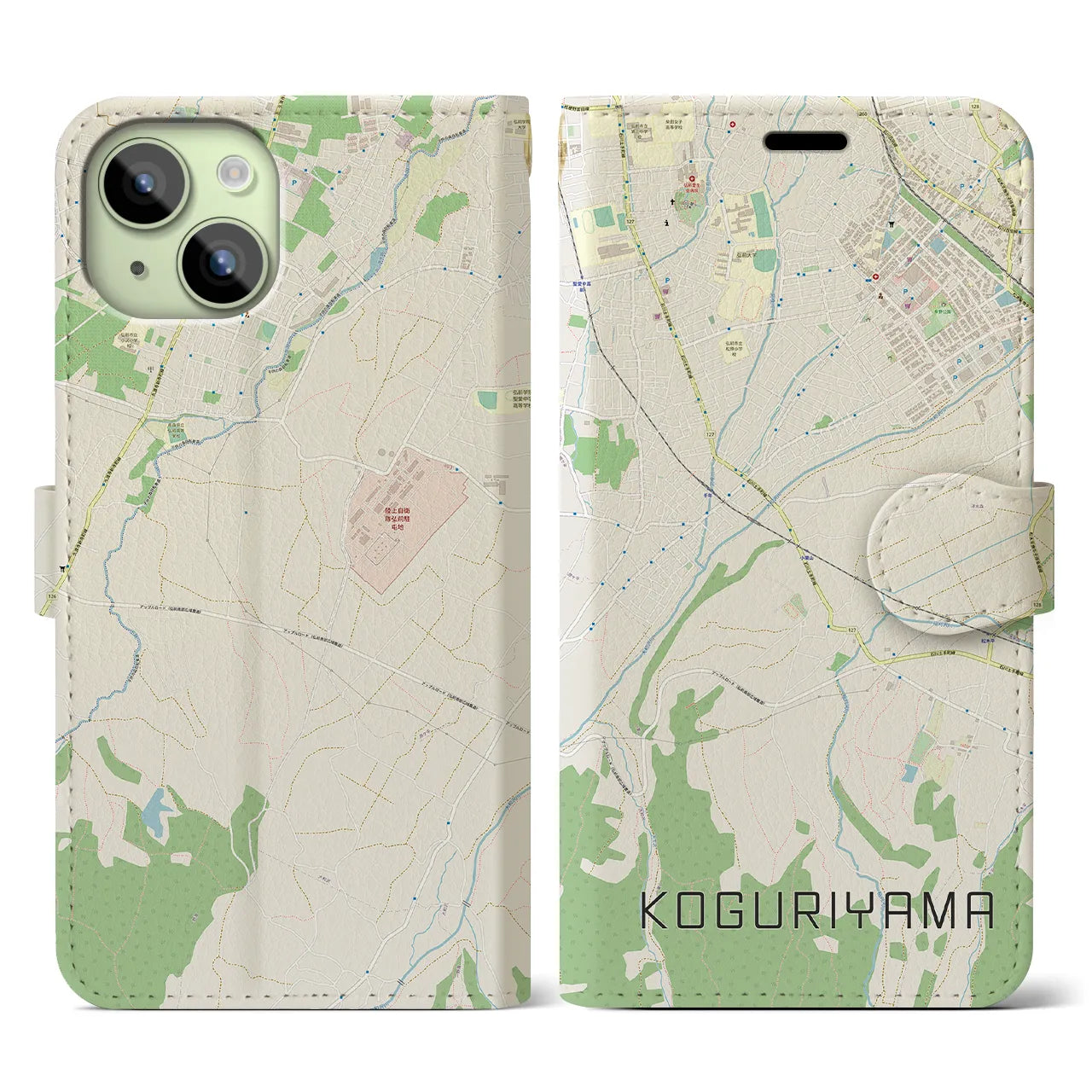 【小栗山】地図柄iPhoneケース（手帳両面タイプ・ナチュラル）iPhone 15 用