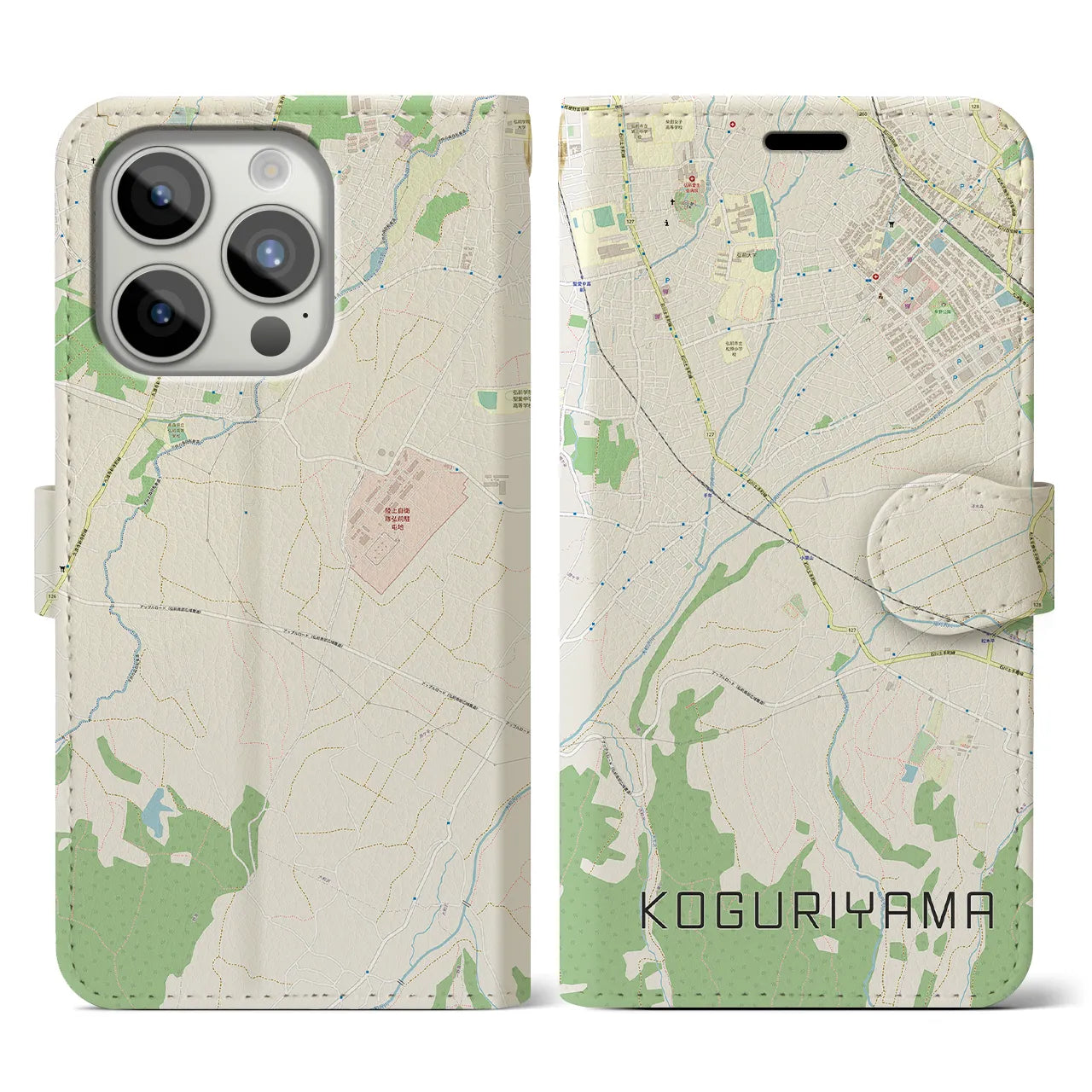 【小栗山】地図柄iPhoneケース（手帳両面タイプ・ナチュラル）iPhone 15 Pro 用