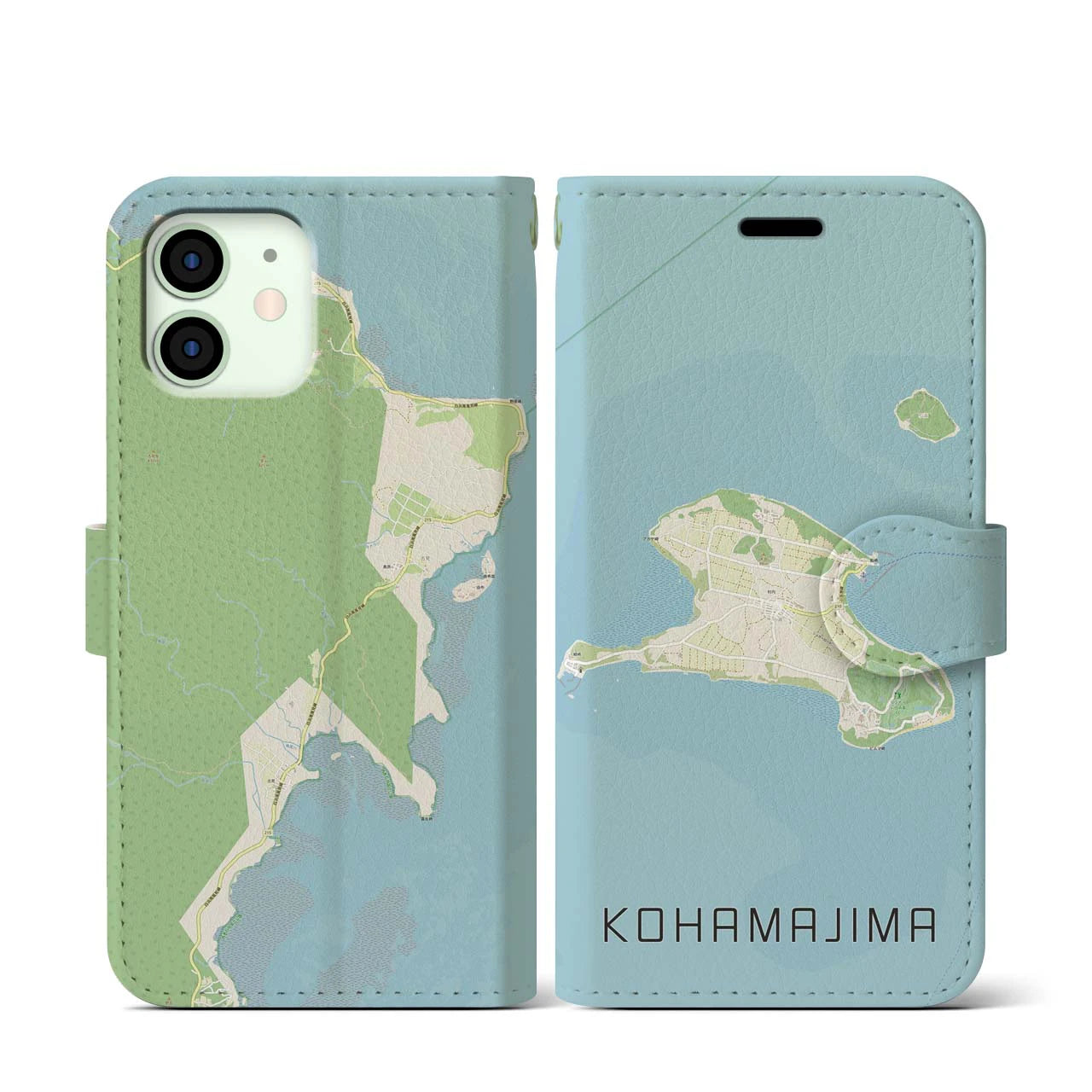 【小浜島】地図柄iPhoneケース（手帳両面タイプ・ナチュラル）iPhone 12 mini 用