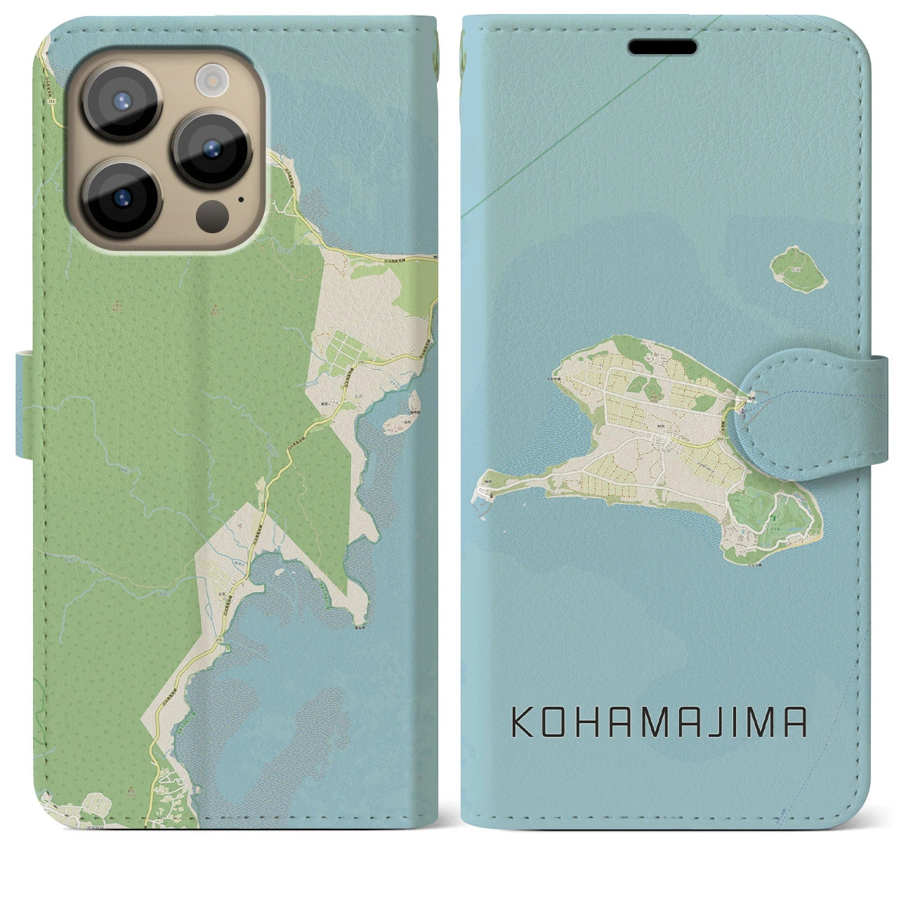 【小浜島】地図柄iPhoneケース（手帳両面タイプ・ナチュラル）iPhone 14 Pro Max 用