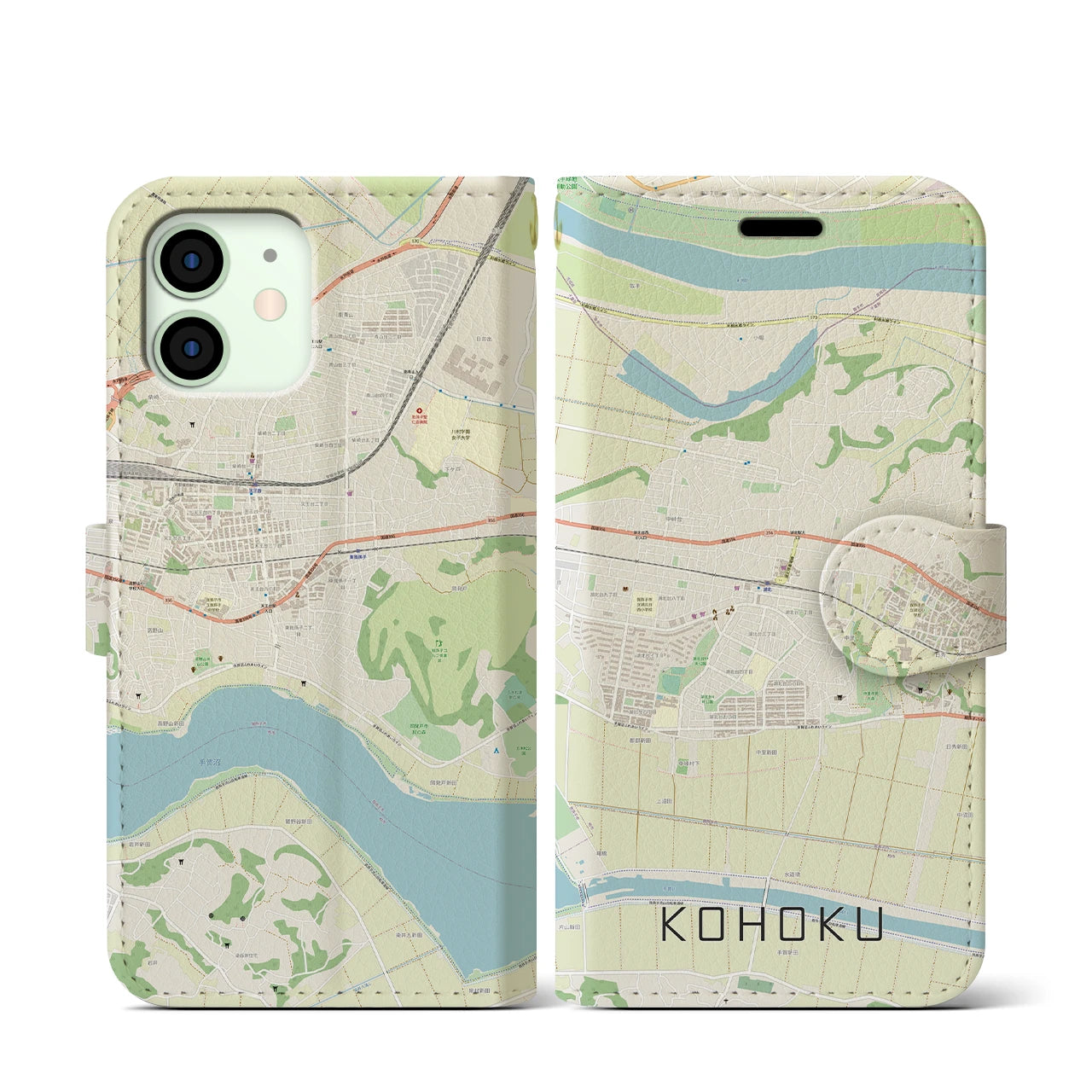 【湖北】地図柄iPhoneケース（手帳両面タイプ・ナチュラル）iPhone 12 mini 用