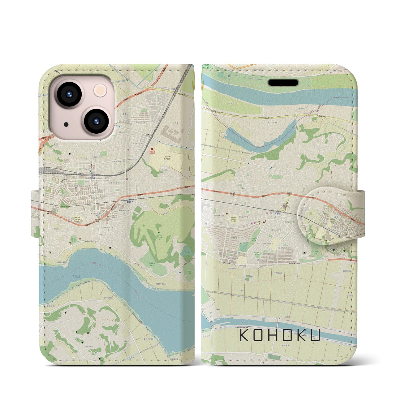 【湖北】地図柄iPhoneケース（手帳両面タイプ・ナチュラル）iPhone 13 mini 用