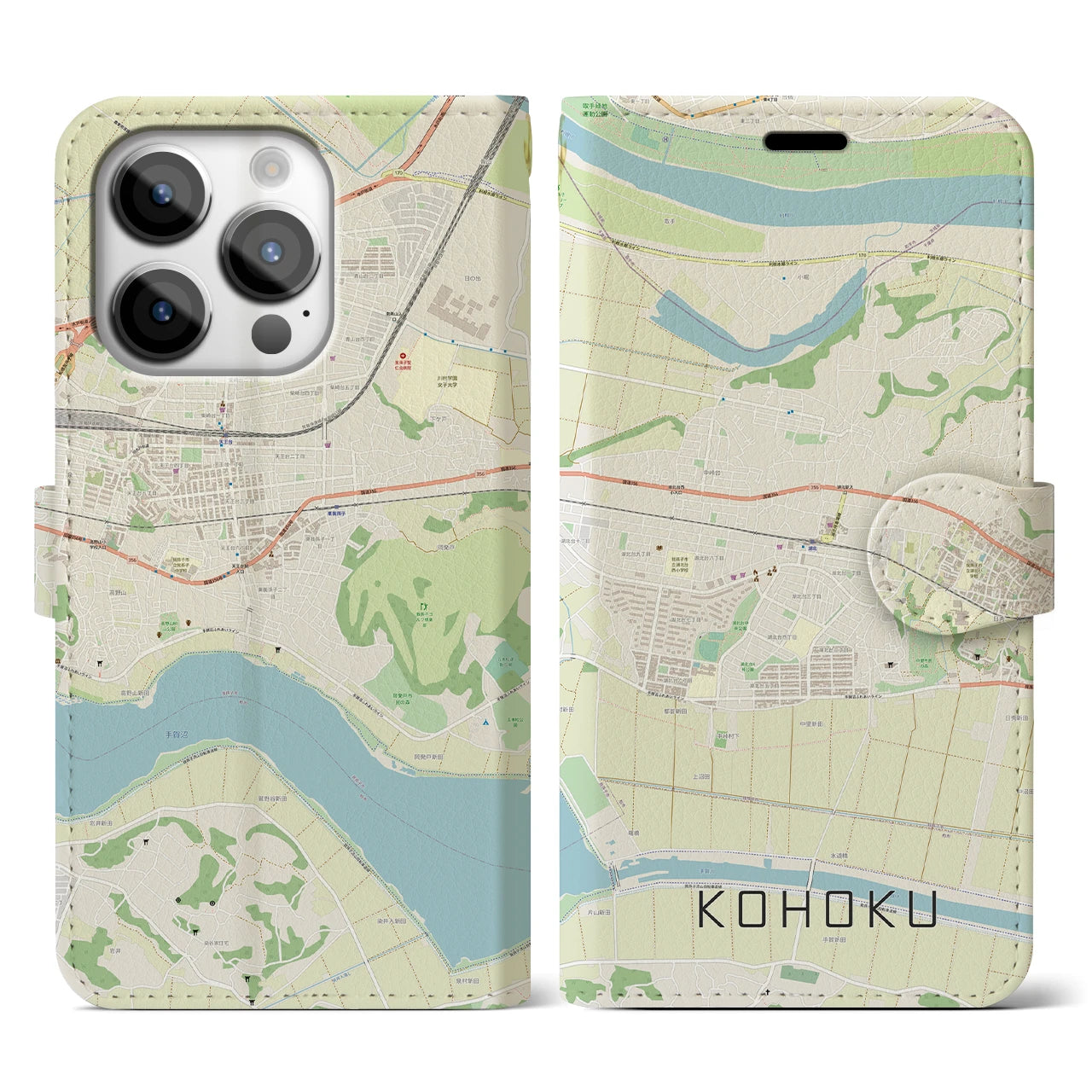 【湖北】地図柄iPhoneケース（手帳両面タイプ・ナチュラル）iPhone 14 Pro 用
