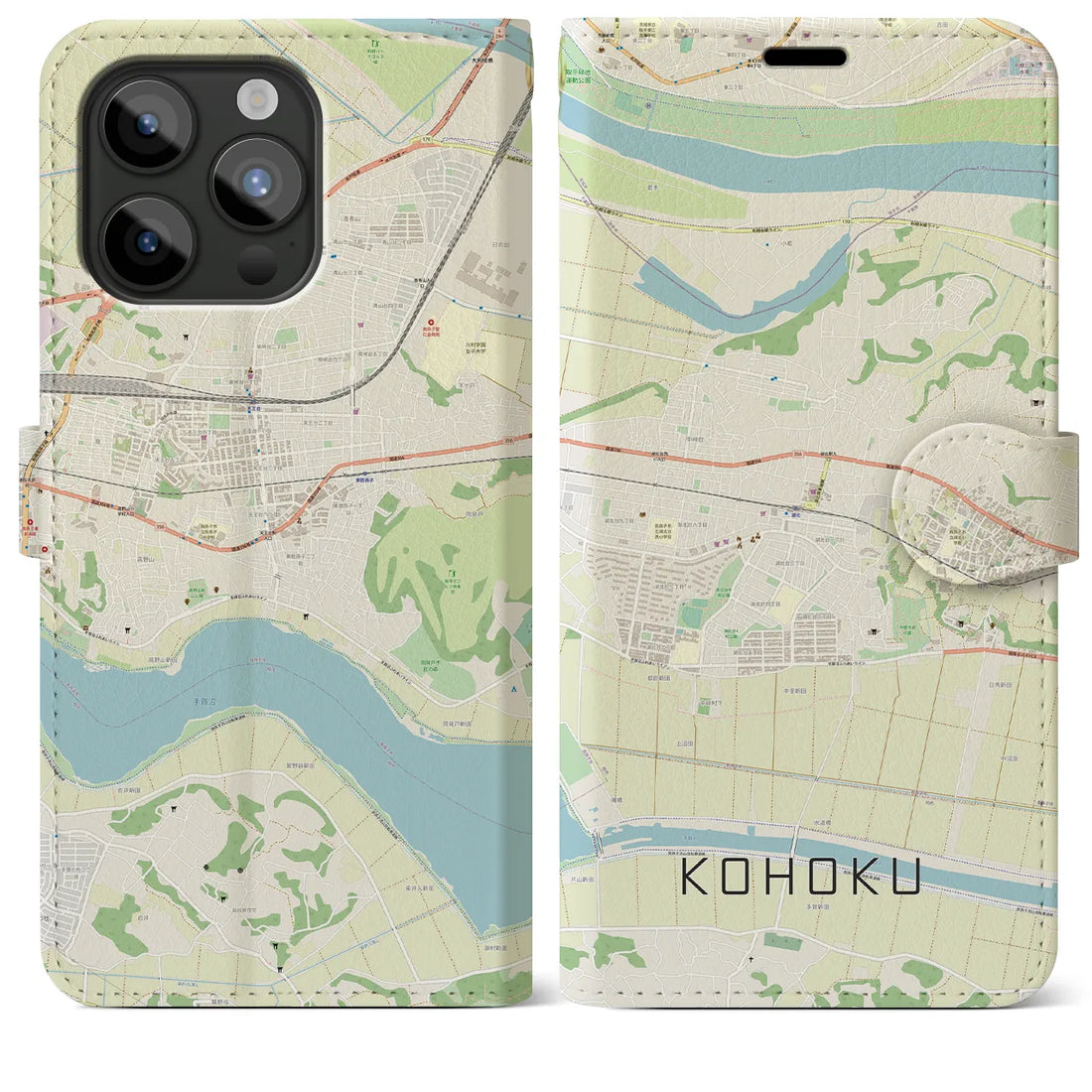 【湖北】地図柄iPhoneケース（手帳両面タイプ・ナチュラル）iPhone 15 Pro Max 用