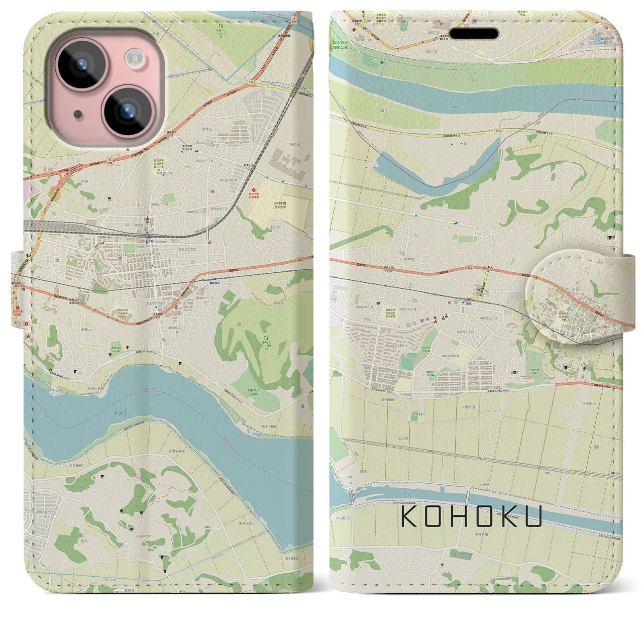 【湖北】地図柄iPhoneケース（手帳両面タイプ・ナチュラル）iPhone 15 Plus 用