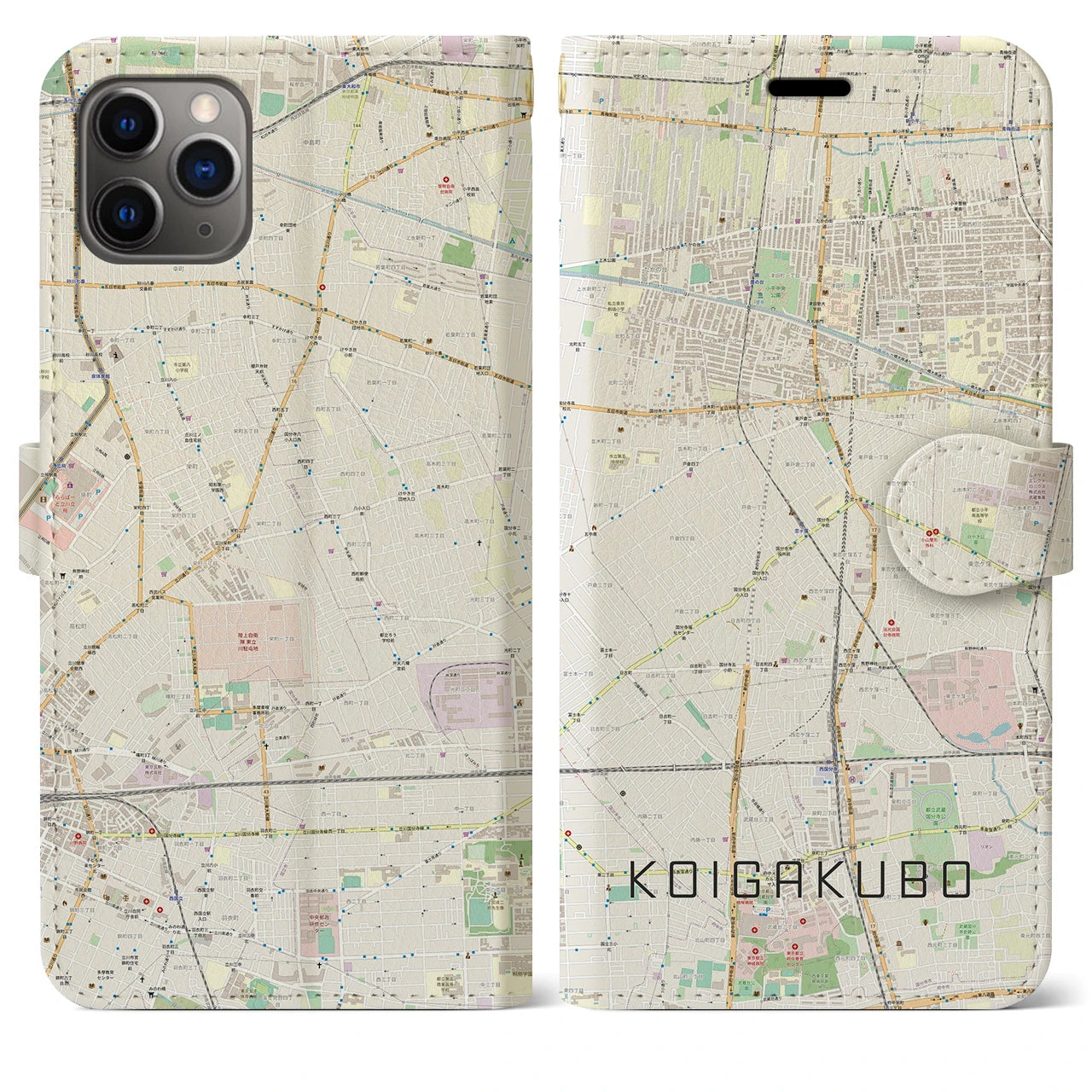 【恋ヶ窪】地図柄iPhoneケース（手帳両面タイプ・ナチュラル）iPhone 11 Pro Max 用