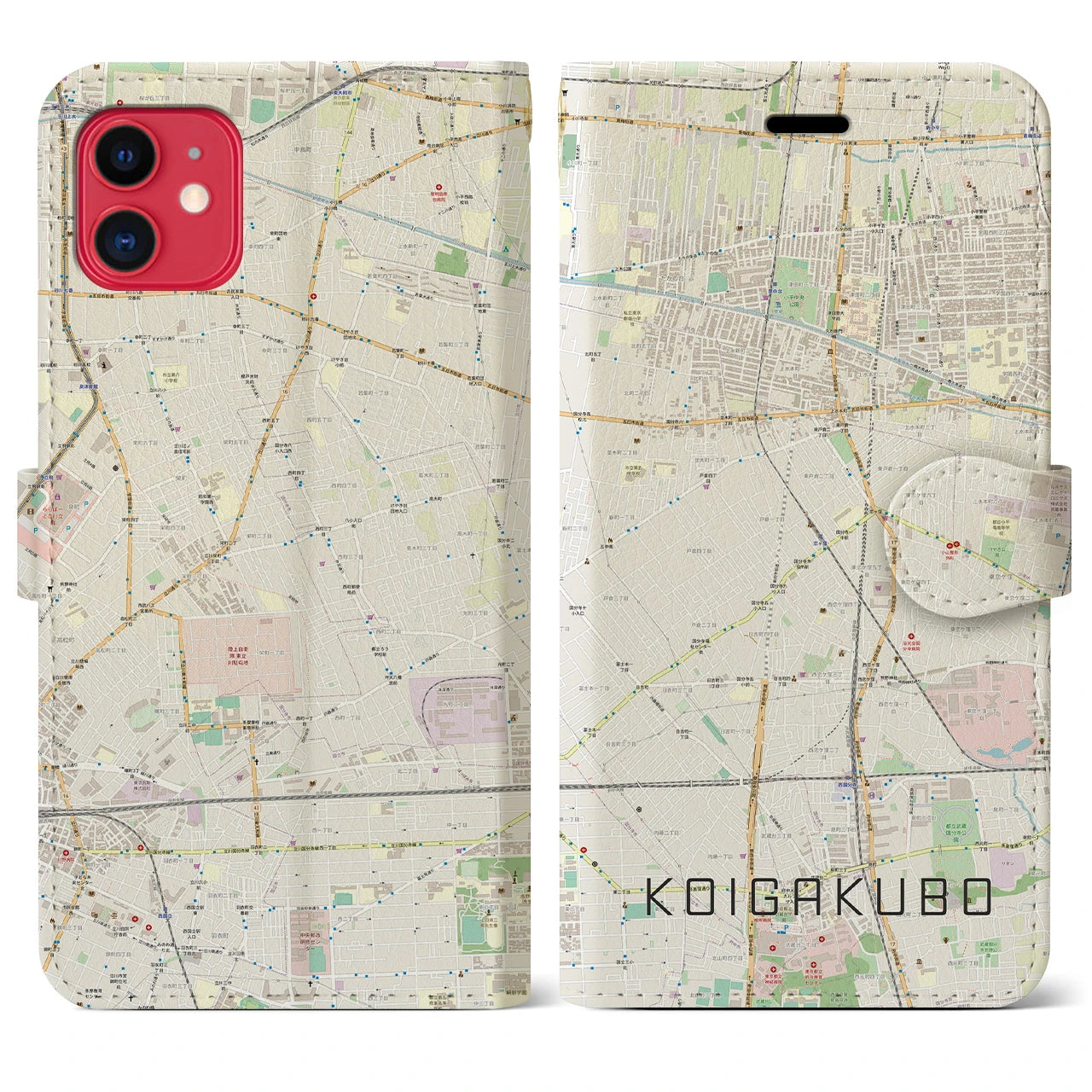 【恋ヶ窪】地図柄iPhoneケース（手帳両面タイプ・ナチュラル）iPhone 11 用
