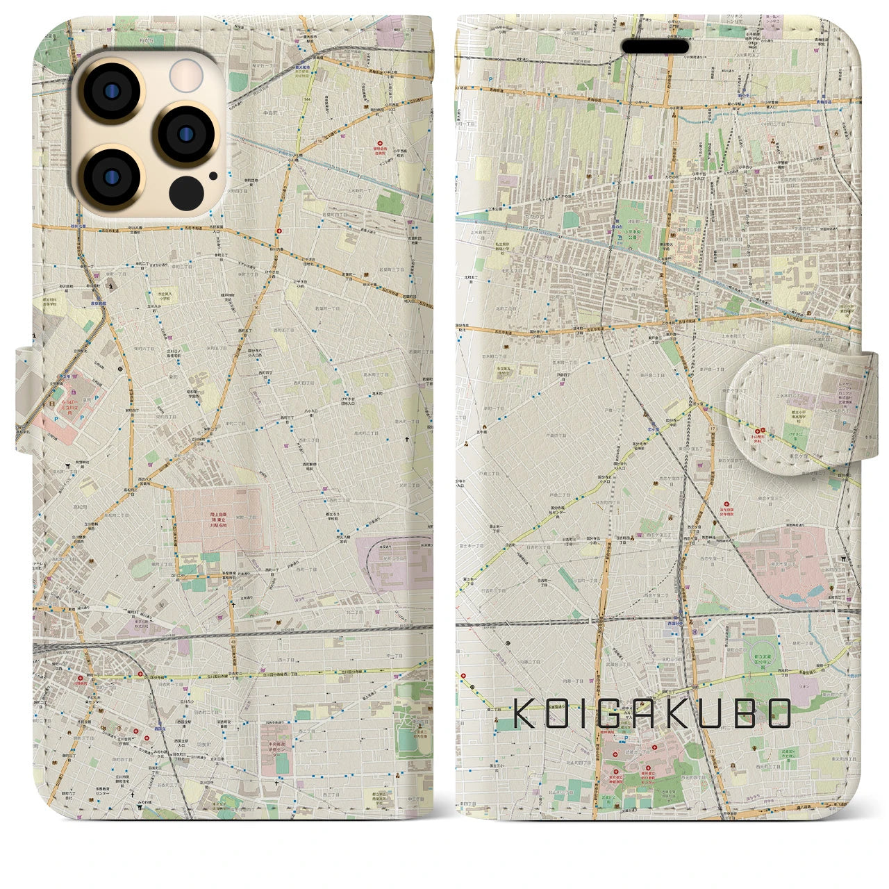 【恋ヶ窪】地図柄iPhoneケース（手帳両面タイプ・ナチュラル）iPhone 12 Pro Max 用