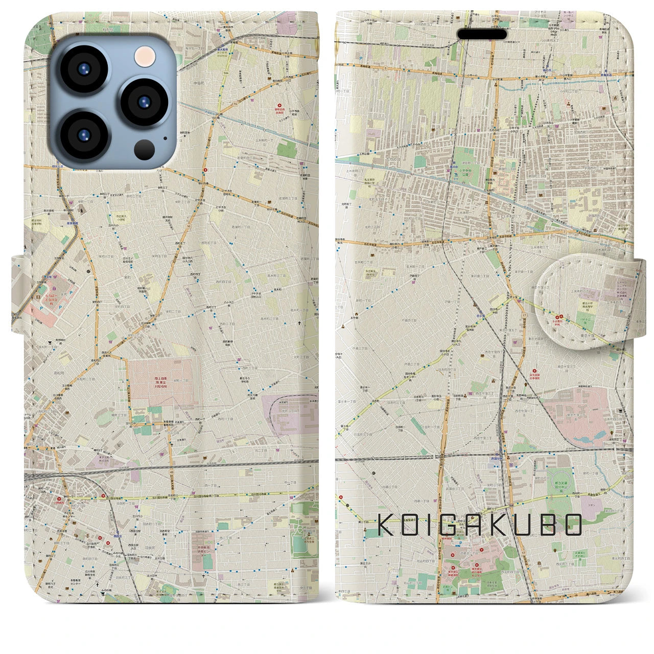 【恋ヶ窪】地図柄iPhoneケース（手帳両面タイプ・ナチュラル）iPhone 13 Pro Max 用