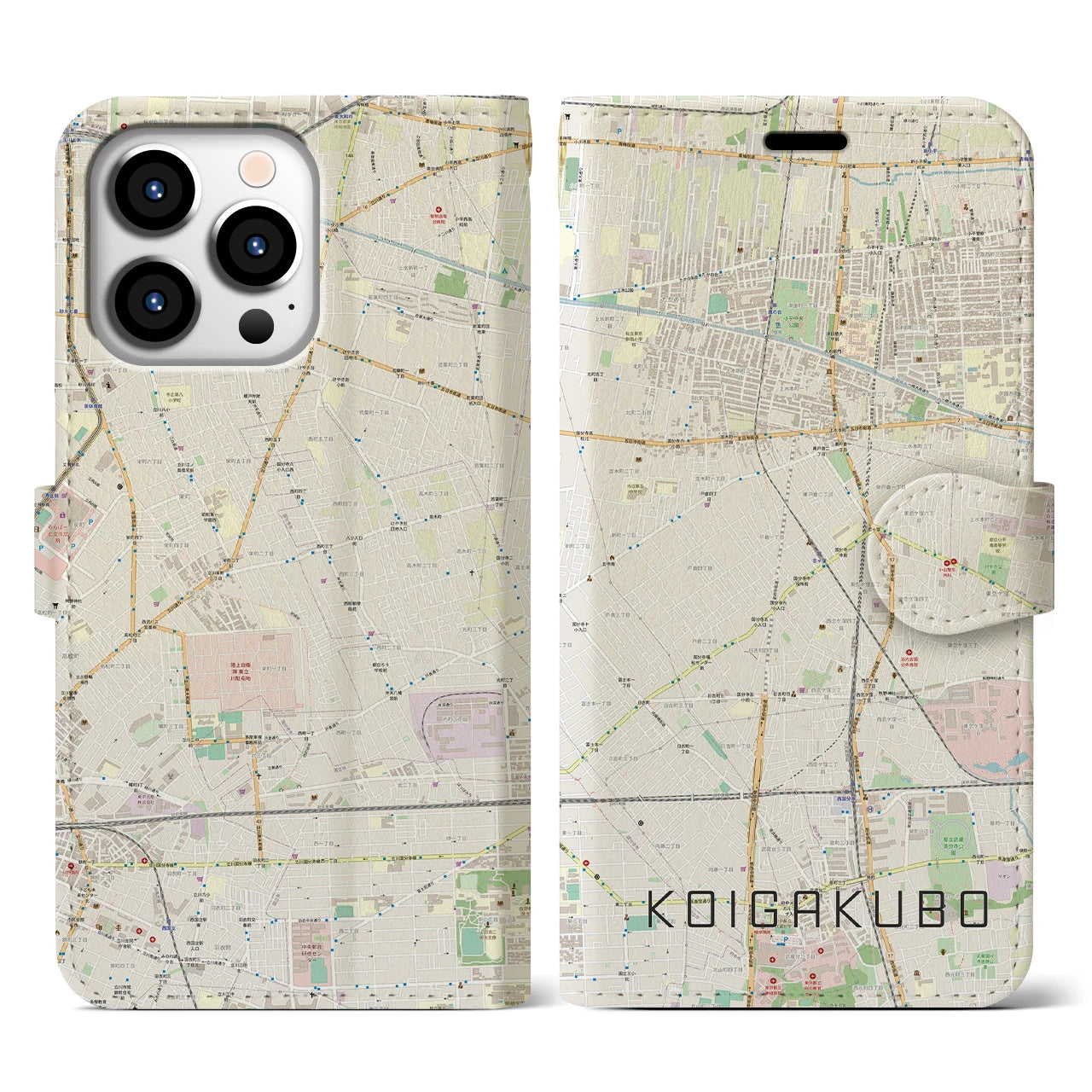 【恋ヶ窪】地図柄iPhoneケース（手帳両面タイプ・ナチュラル）iPhone 13 Pro 用