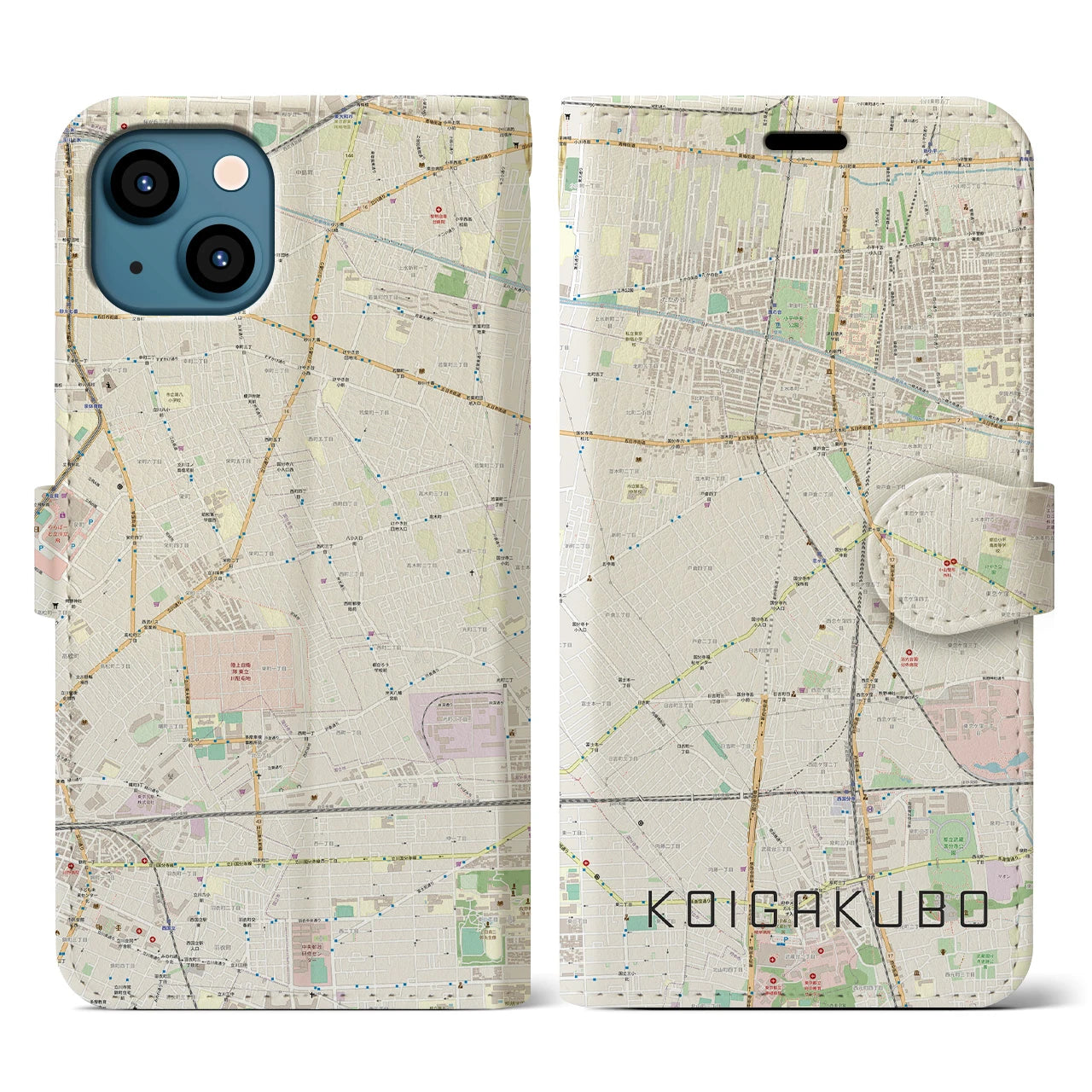 【恋ヶ窪】地図柄iPhoneケース（手帳両面タイプ・ナチュラル）iPhone 13 用