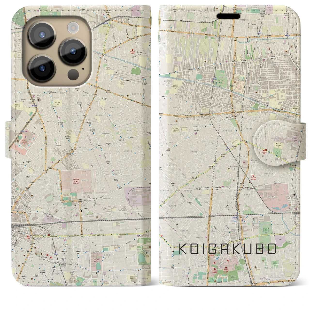 【恋ヶ窪】地図柄iPhoneケース（手帳両面タイプ・ナチュラル）iPhone 14 Pro Max 用