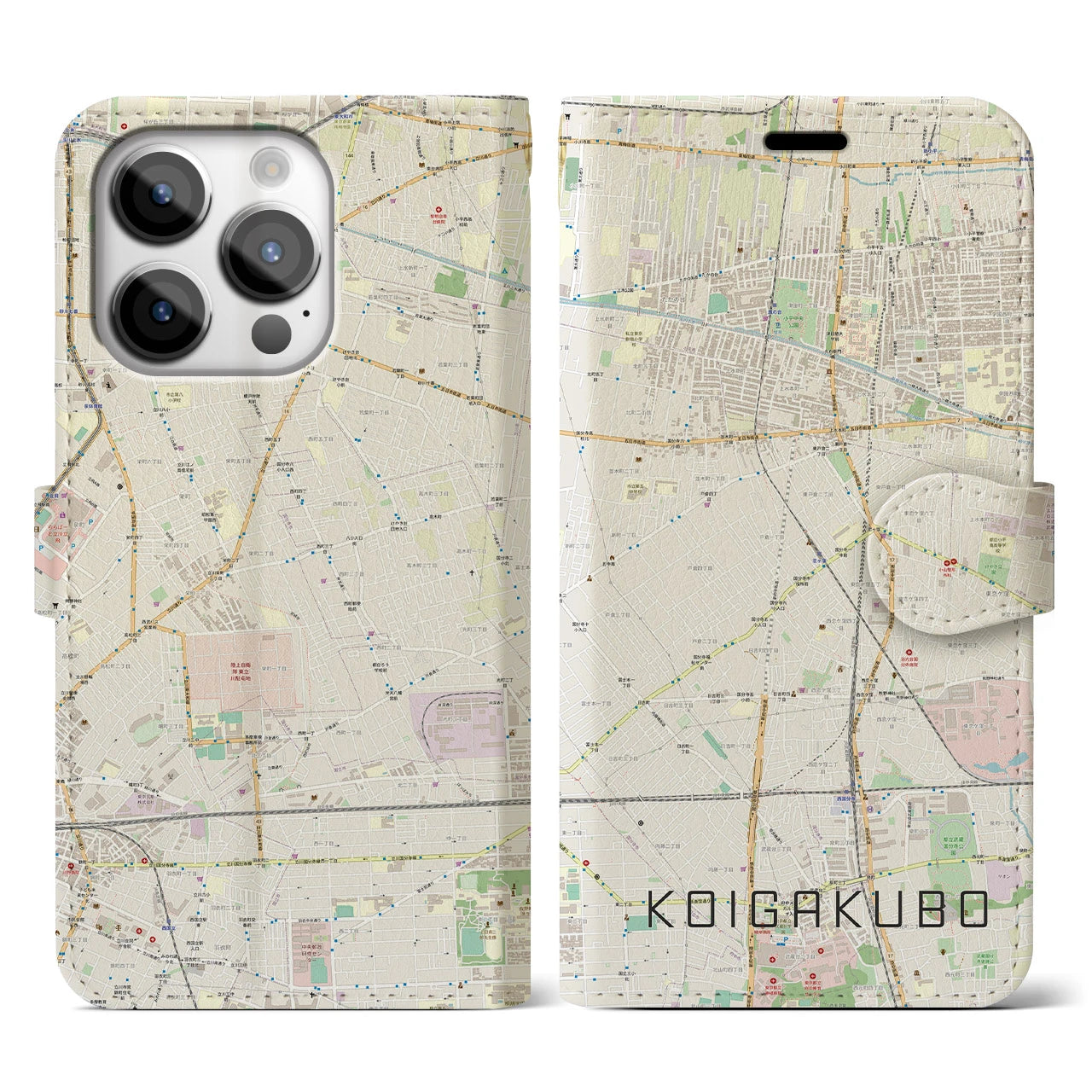 【恋ヶ窪】地図柄iPhoneケース（手帳両面タイプ・ナチュラル）iPhone 14 Pro 用