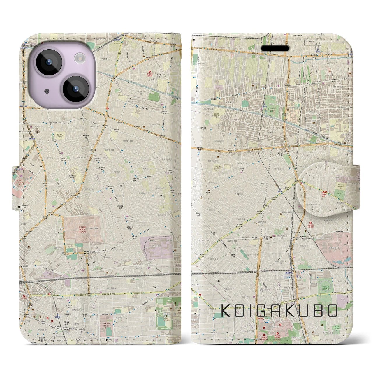 【恋ヶ窪】地図柄iPhoneケース（手帳両面タイプ・ナチュラル）iPhone 14 用