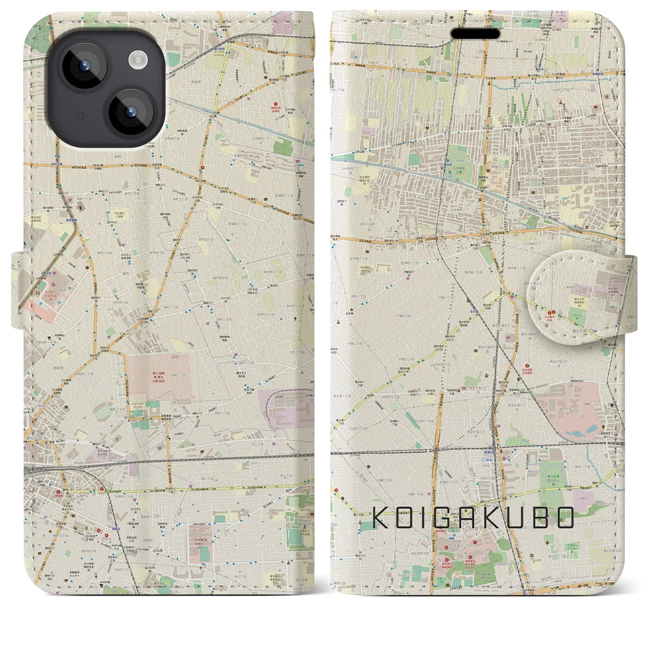 【恋ヶ窪】地図柄iPhoneケース（手帳両面タイプ・ナチュラル）iPhone 14 Plus 用