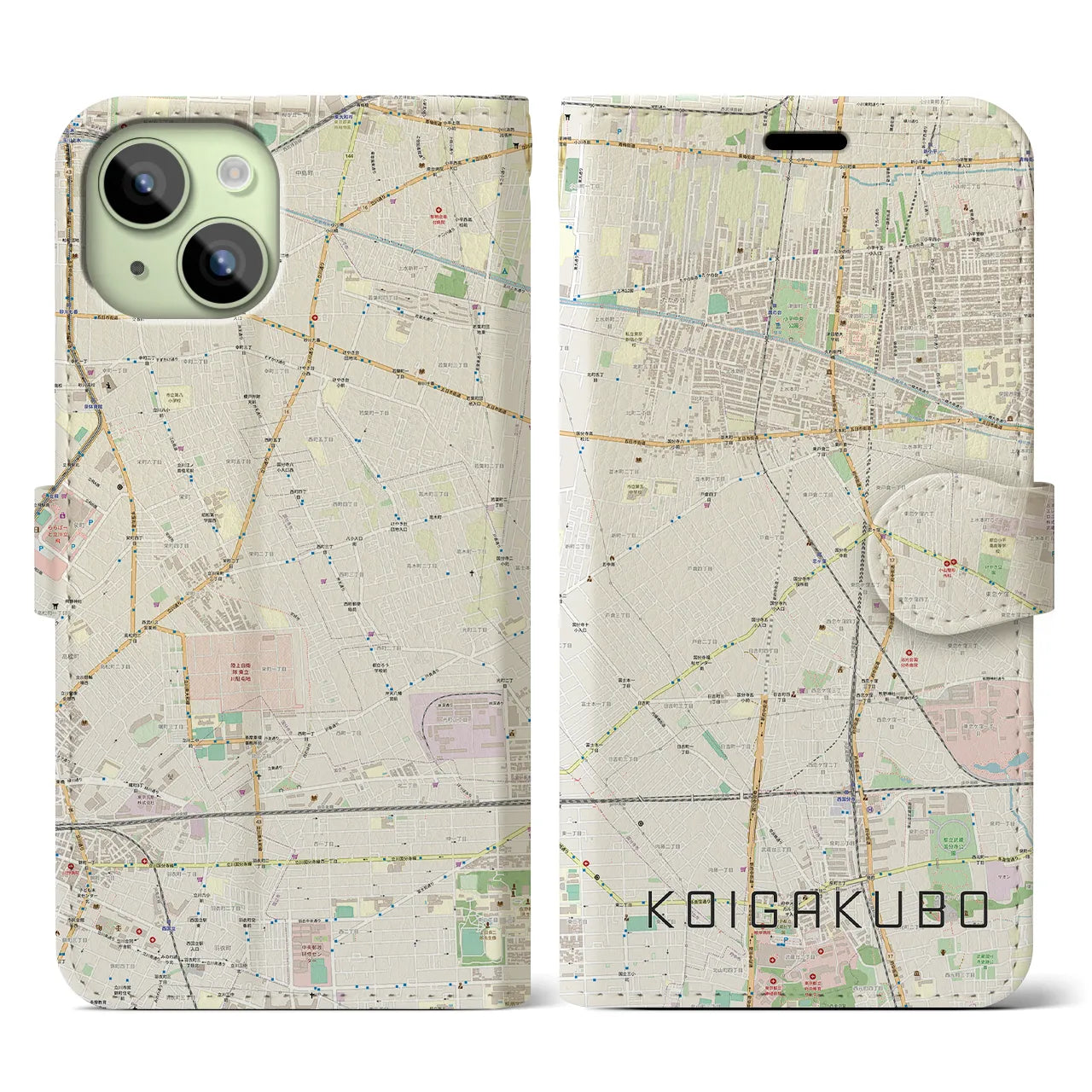 【恋ヶ窪】地図柄iPhoneケース（手帳両面タイプ・ナチュラル）iPhone 15 用