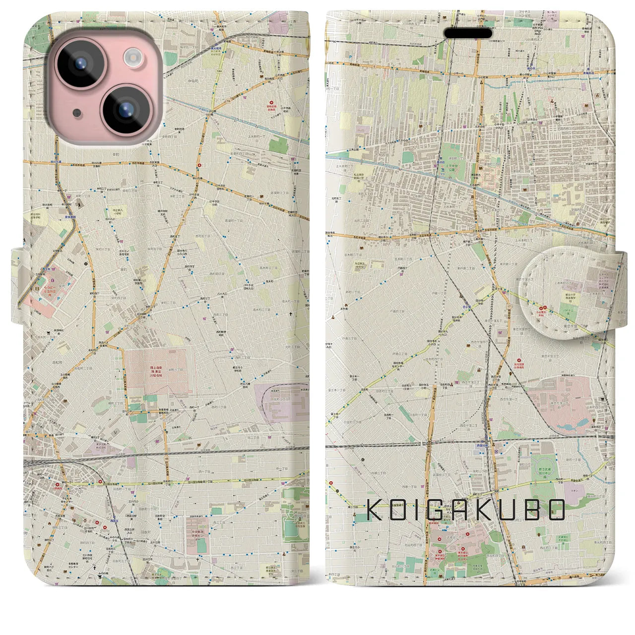 【恋ヶ窪】地図柄iPhoneケース（手帳両面タイプ・ナチュラル）iPhone 15 Plus 用
