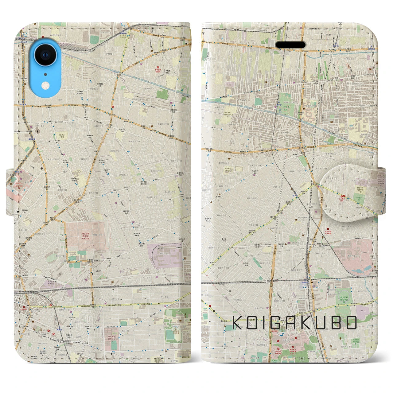 【恋ヶ窪】地図柄iPhoneケース（手帳両面タイプ・ナチュラル）iPhone XR 用