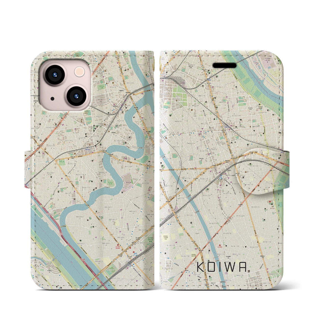 【小岩】地図柄iPhoneケース（手帳両面タイプ・ナチュラル）iPhone 13 mini 用