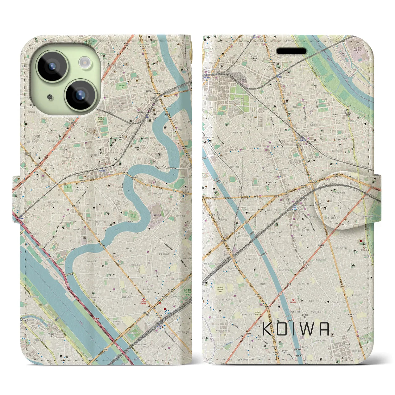 【小岩】地図柄iPhoneケース（手帳両面タイプ・ナチュラル）iPhone 15 用