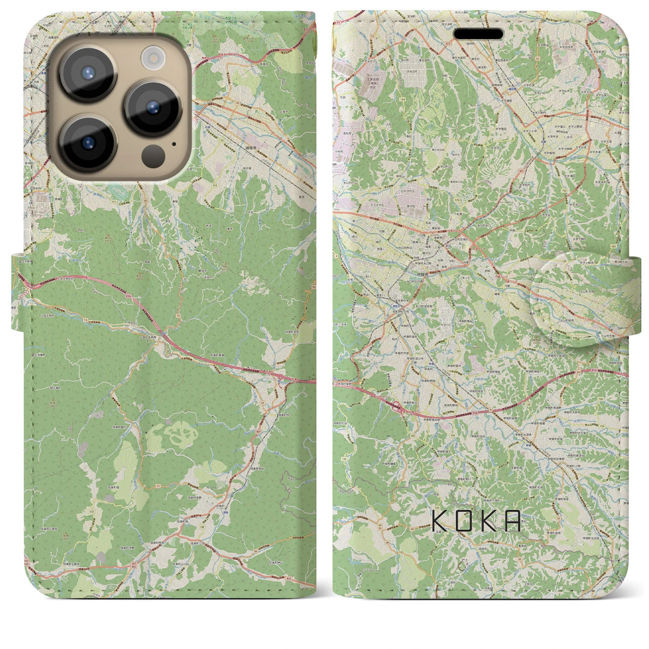 【甲賀】地図柄iPhoneケース（手帳両面タイプ・ナチュラル）iPhone 14 Pro Max 用