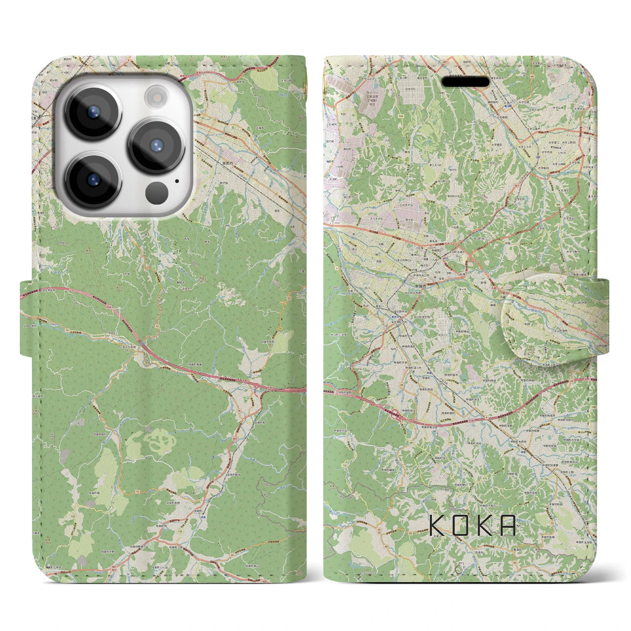 【甲賀】地図柄iPhoneケース（手帳両面タイプ・ナチュラル）iPhone 14 Pro 用