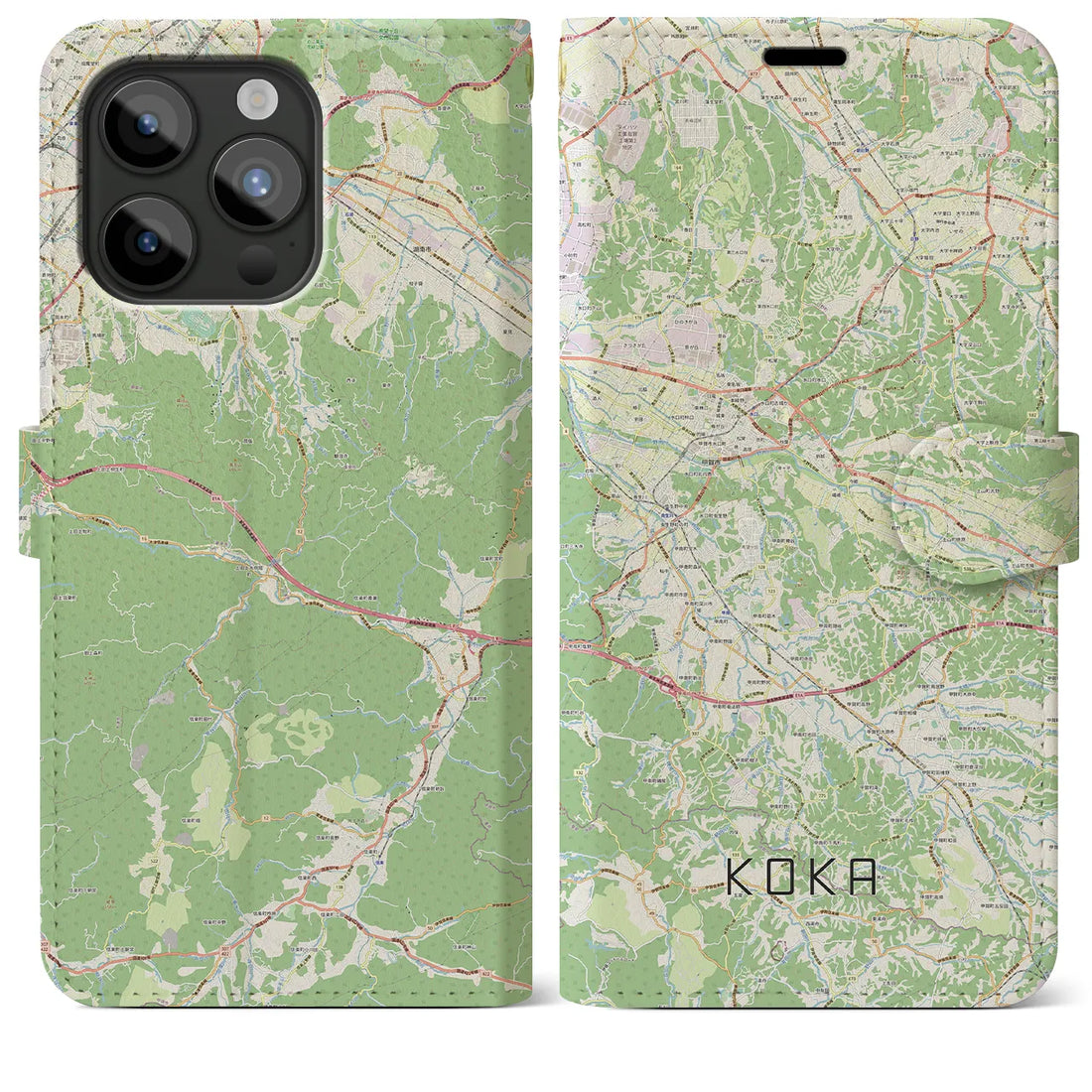 【甲賀】地図柄iPhoneケース（手帳両面タイプ・ナチュラル）iPhone 15 Pro Max 用