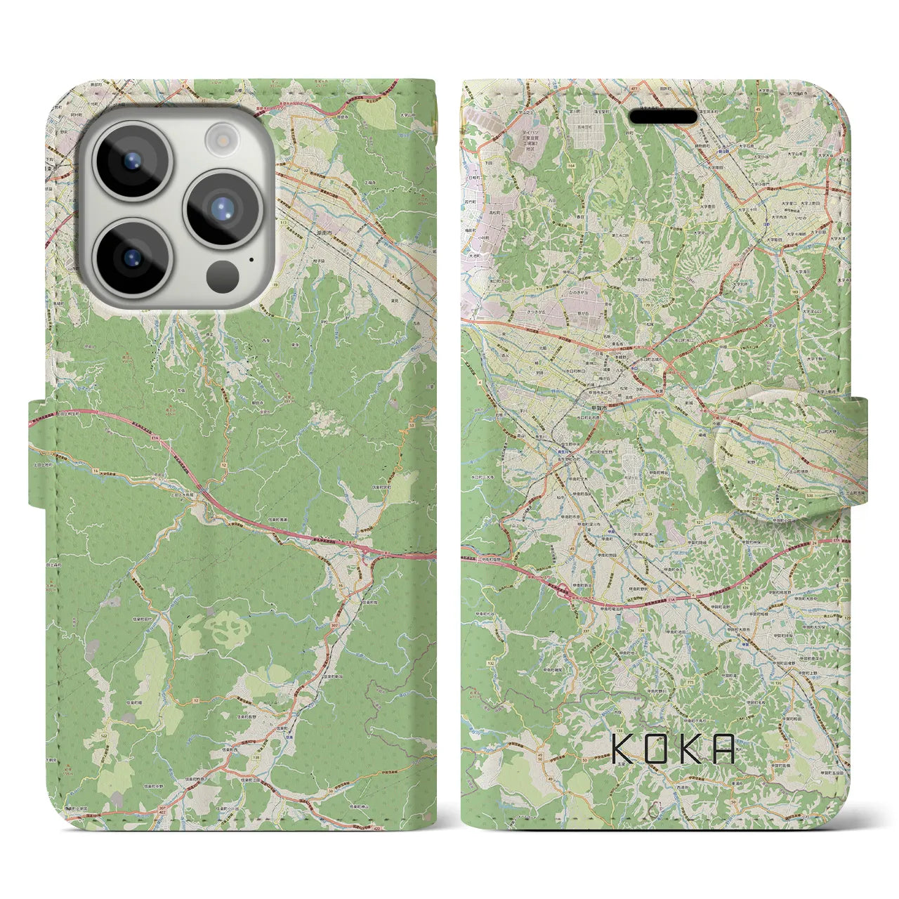 【甲賀】地図柄iPhoneケース（手帳両面タイプ・ナチュラル）iPhone 15 Pro 用