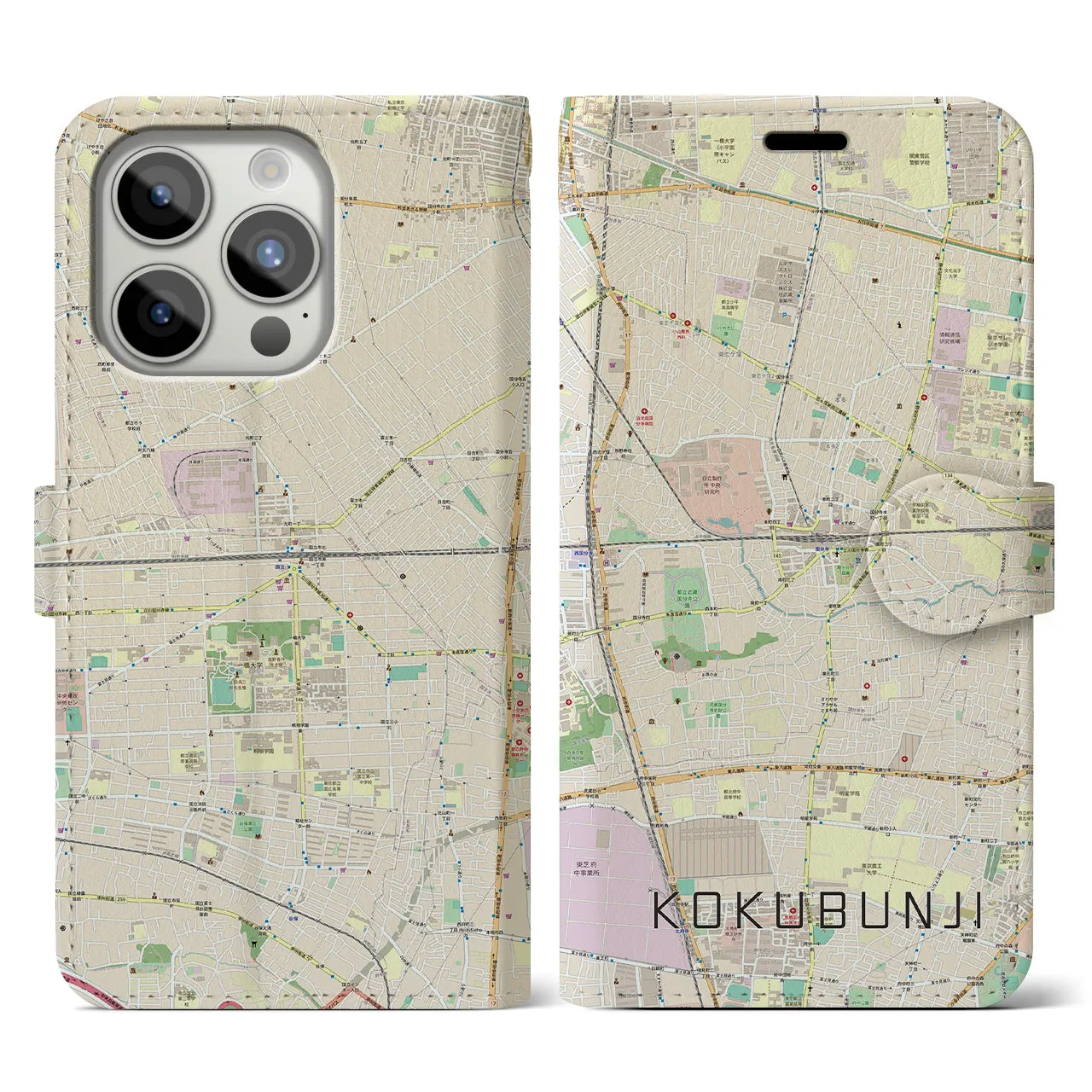 【国分寺】地図柄iPhoneケース（手帳両面タイプ・ナチュラル）iPhone 15 Pro 用
