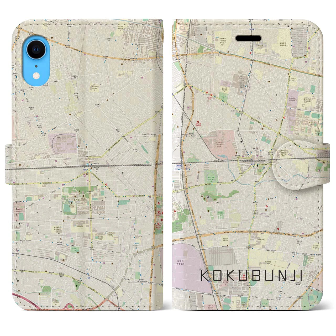 【国分寺】地図柄iPhoneケース（手帳両面タイプ・ナチュラル）iPhone XR 用