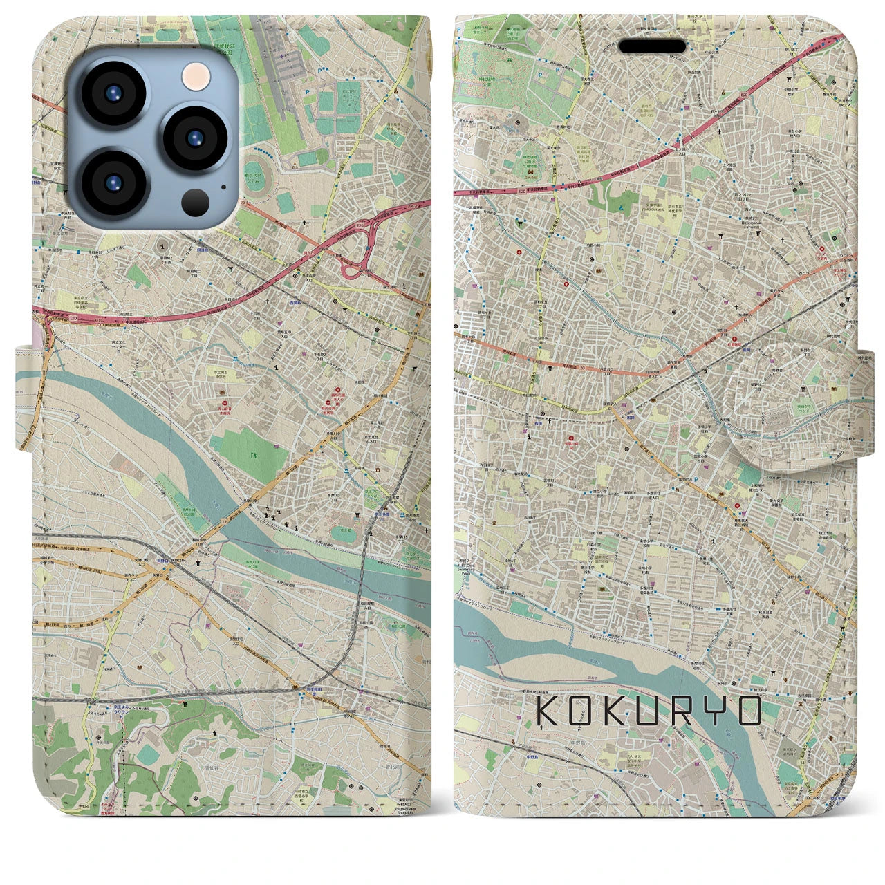 【国領】地図柄iPhoneケース（手帳両面タイプ・ナチュラル）iPhone 13 Pro Max 用