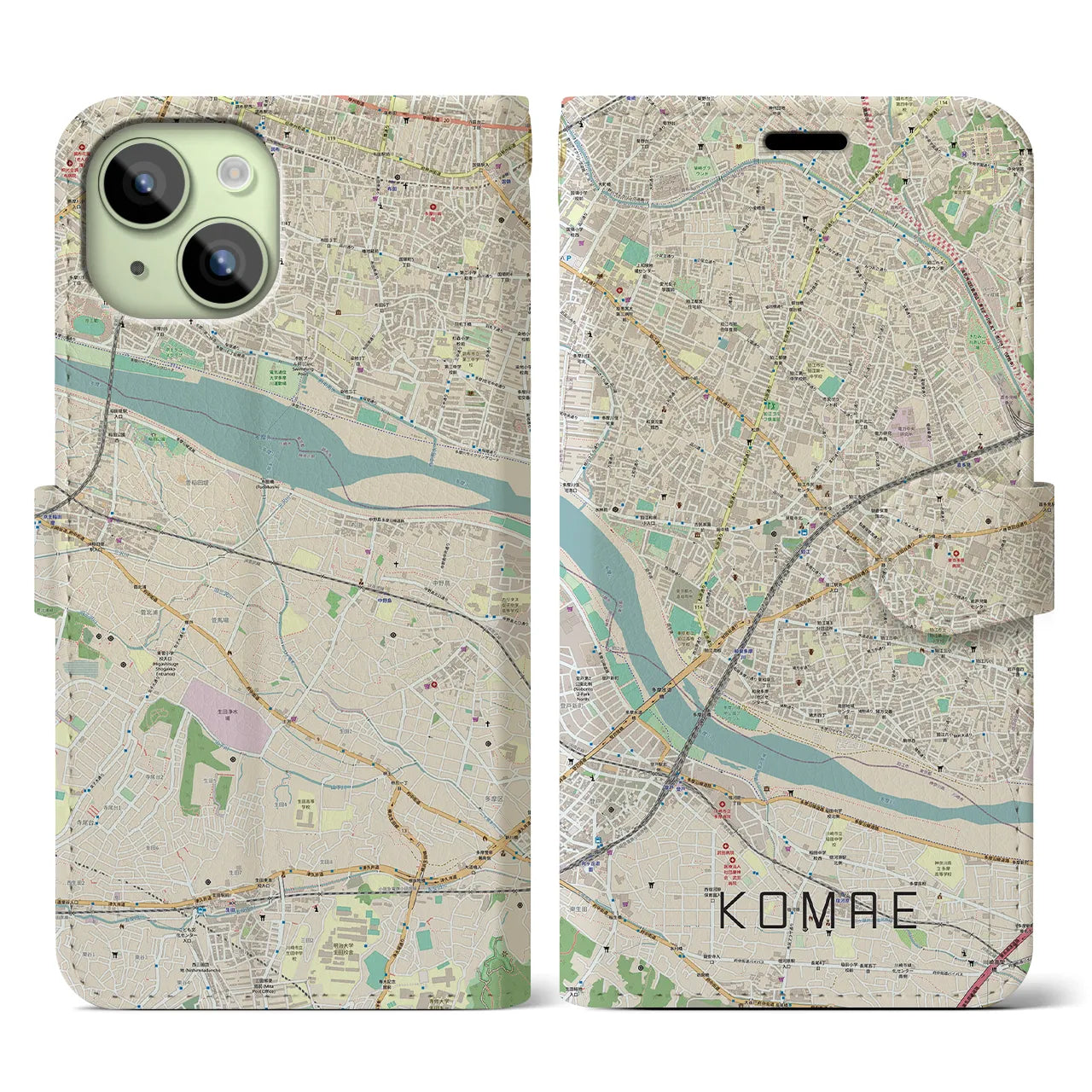 【狛江】地図柄iPhoneケース（手帳両面タイプ・ナチュラル）iPhone 15 用