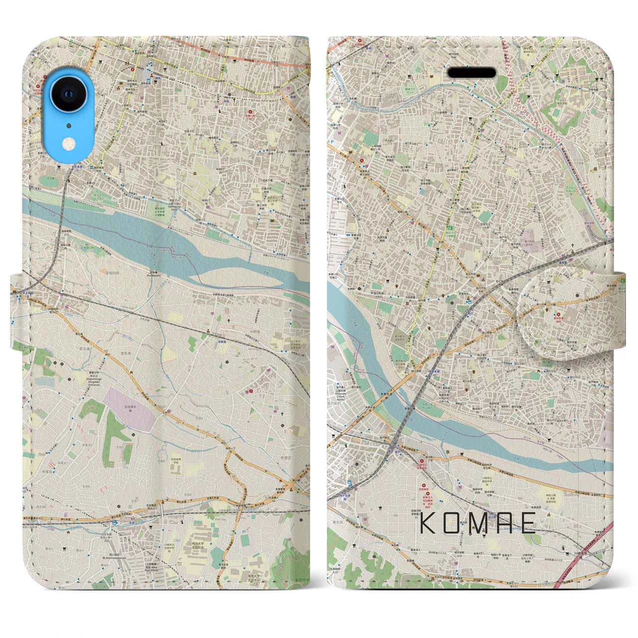 【狛江】地図柄iPhoneケース（手帳両面タイプ・ナチュラル）iPhone XR 用