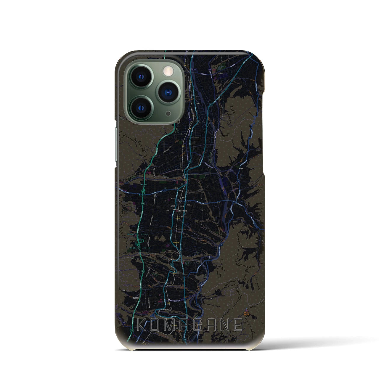【駒ヶ根】地図柄iPhoneケース（バックカバータイプ・ブラック）iPhone 11 Pro 用