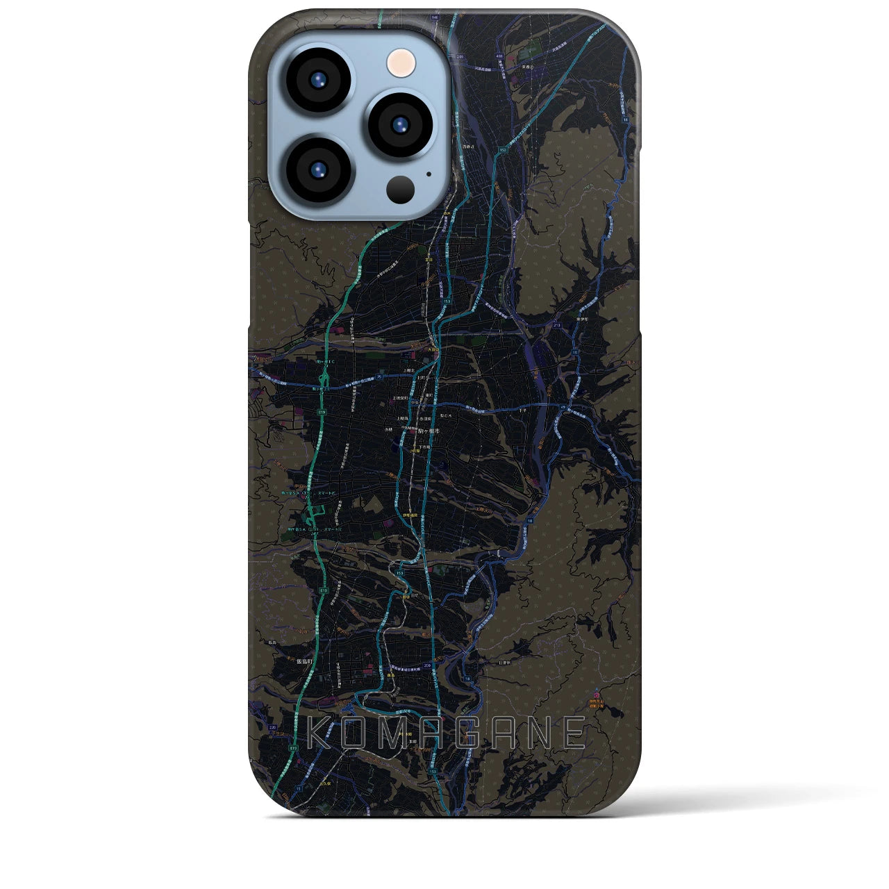 【駒ヶ根】地図柄iPhoneケース（バックカバータイプ・ブラック）iPhone 13 Pro Max 用