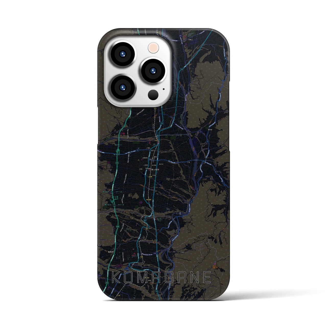 【駒ヶ根】地図柄iPhoneケース（バックカバータイプ・ブラック）iPhone 13 Pro 用