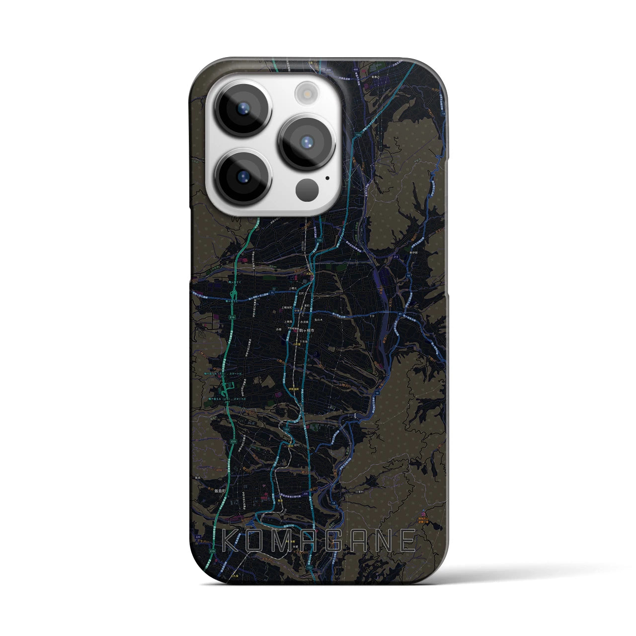 【駒ヶ根】地図柄iPhoneケース（バックカバータイプ・ブラック）iPhone 14 Pro 用