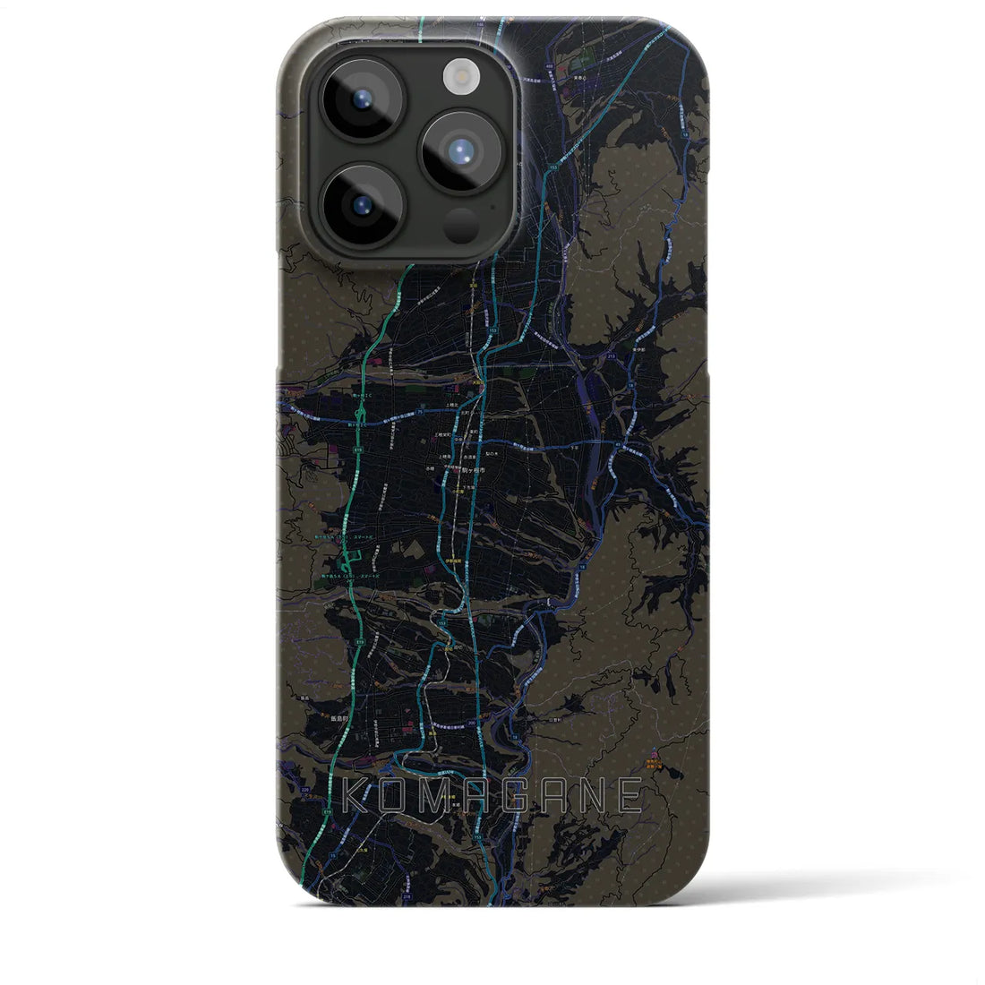 【駒ヶ根】地図柄iPhoneケース（バックカバータイプ・ブラック）iPhone 15 Pro Max 用